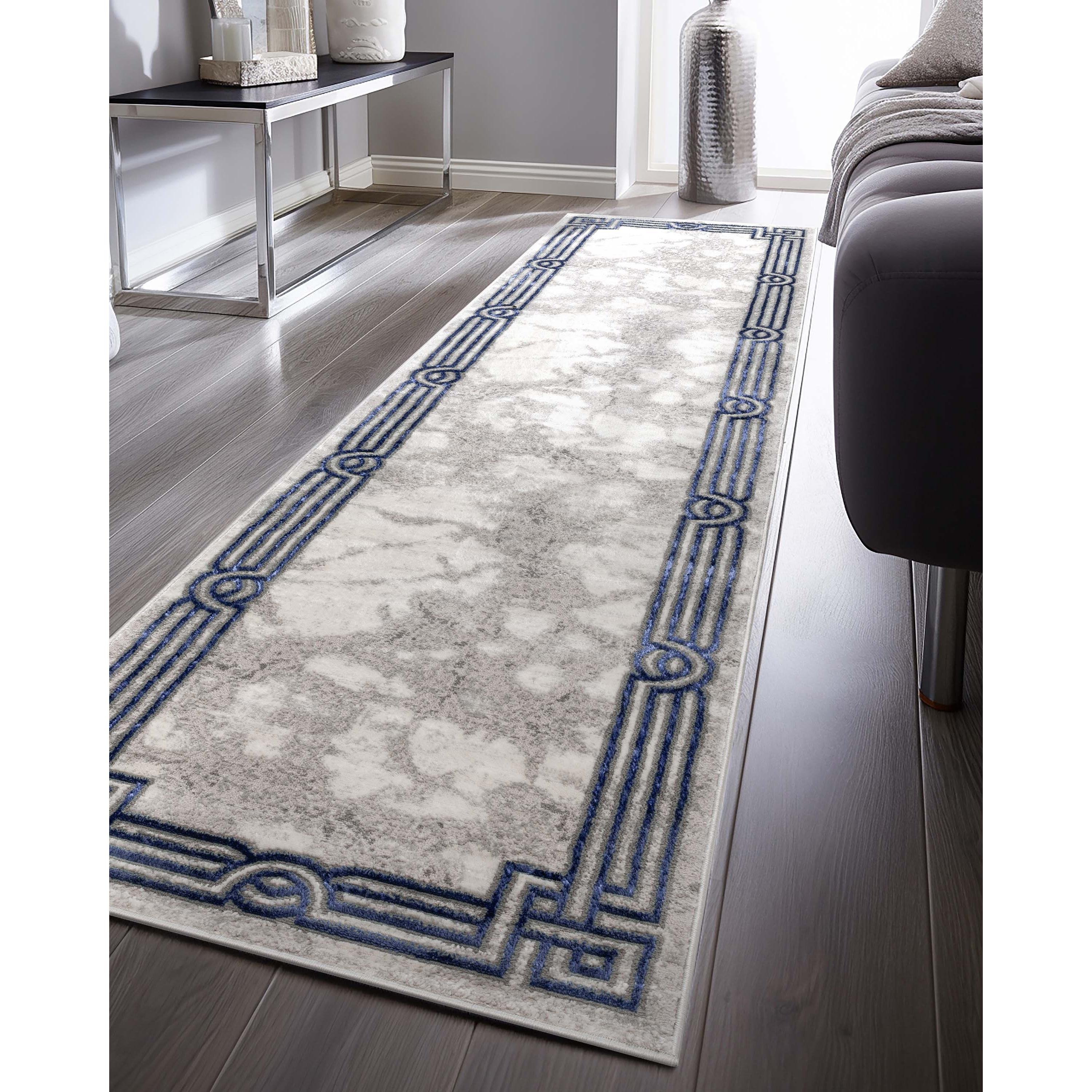 Well Woven Lezlee Abstract Modern 2'7" x 9'10" Runner Rug - Blue Marble Border - for Hallway, Entryway, Stair