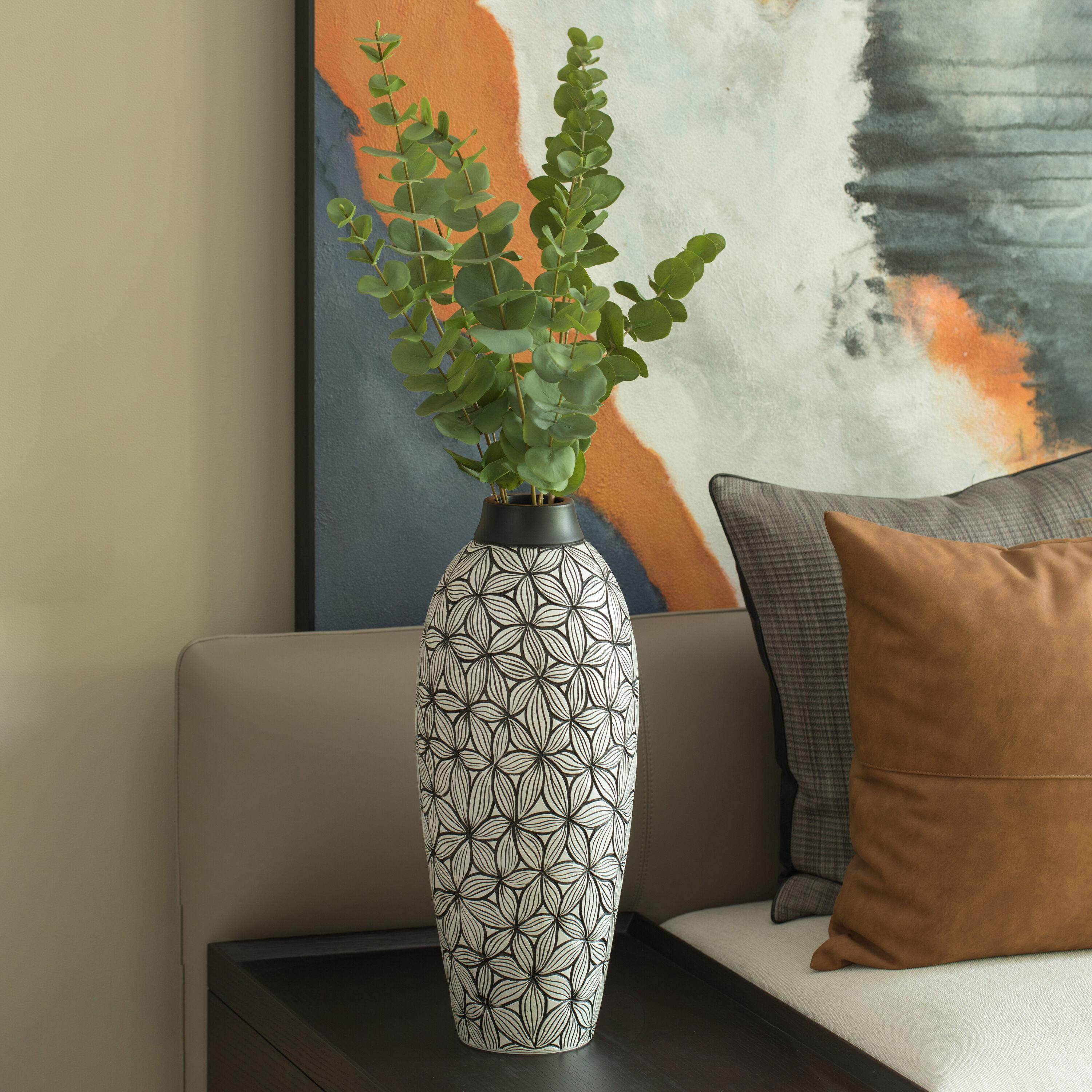 Uniquewise Flower-Inspired Ceramic Vase, Unique White 17-Inch-Tall Round Table Decor for Entryway, Dining Room, Living Room - Classic White Pottery