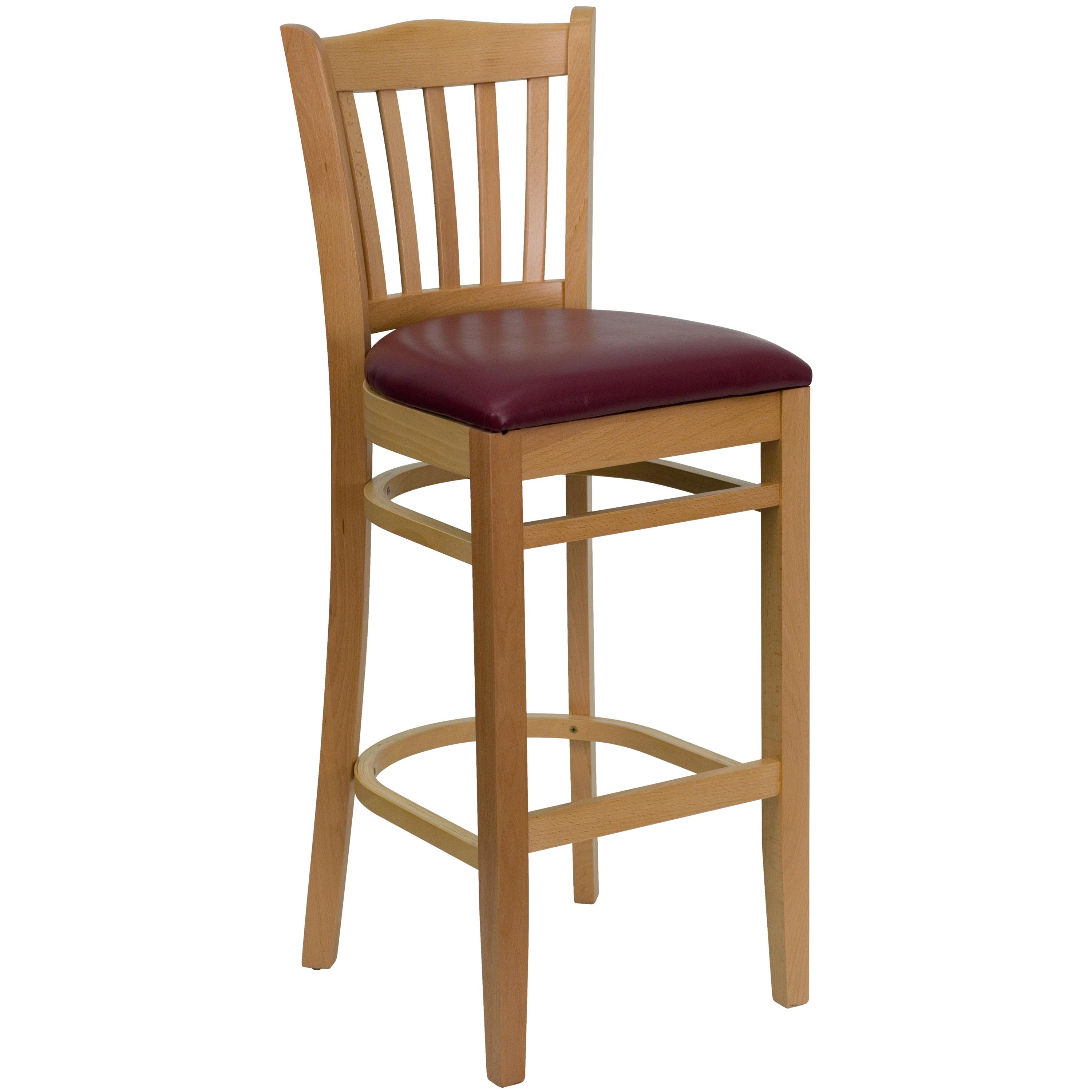 Flash Furniture HERCULES Series Vertical Slat Back Natural Wood Restaurant Barstool - Burgundy Vinyl Seat