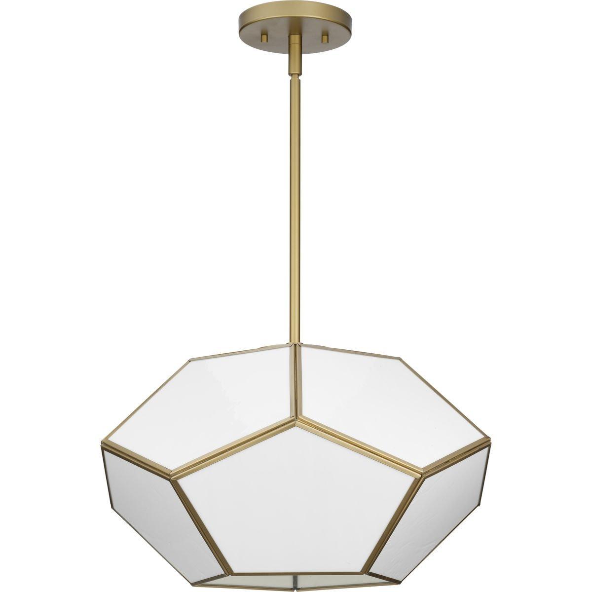 Progress Lighting Latham 3-Light Semi-Flush Mount, Vintage Gold, White Art Glass. Geometric framework with handmade glass.