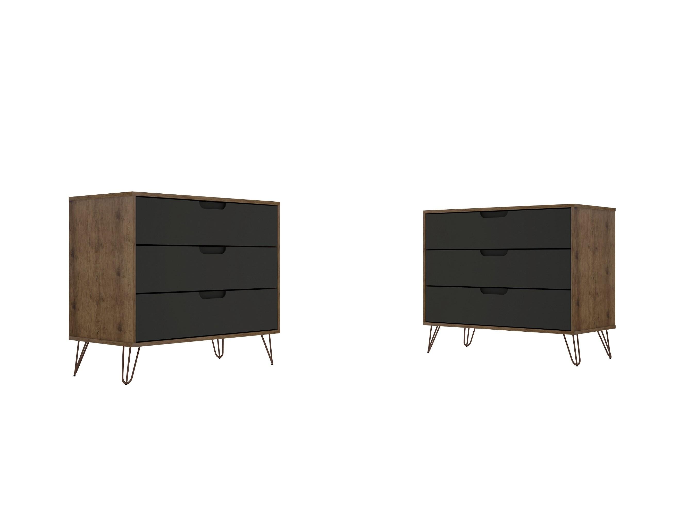 Set of 2 Rockefeller 3 Drawer Dresser Nature/Textured Gray - Manhattan Comfort: MDF Bedroom Storage, 6 Drawers