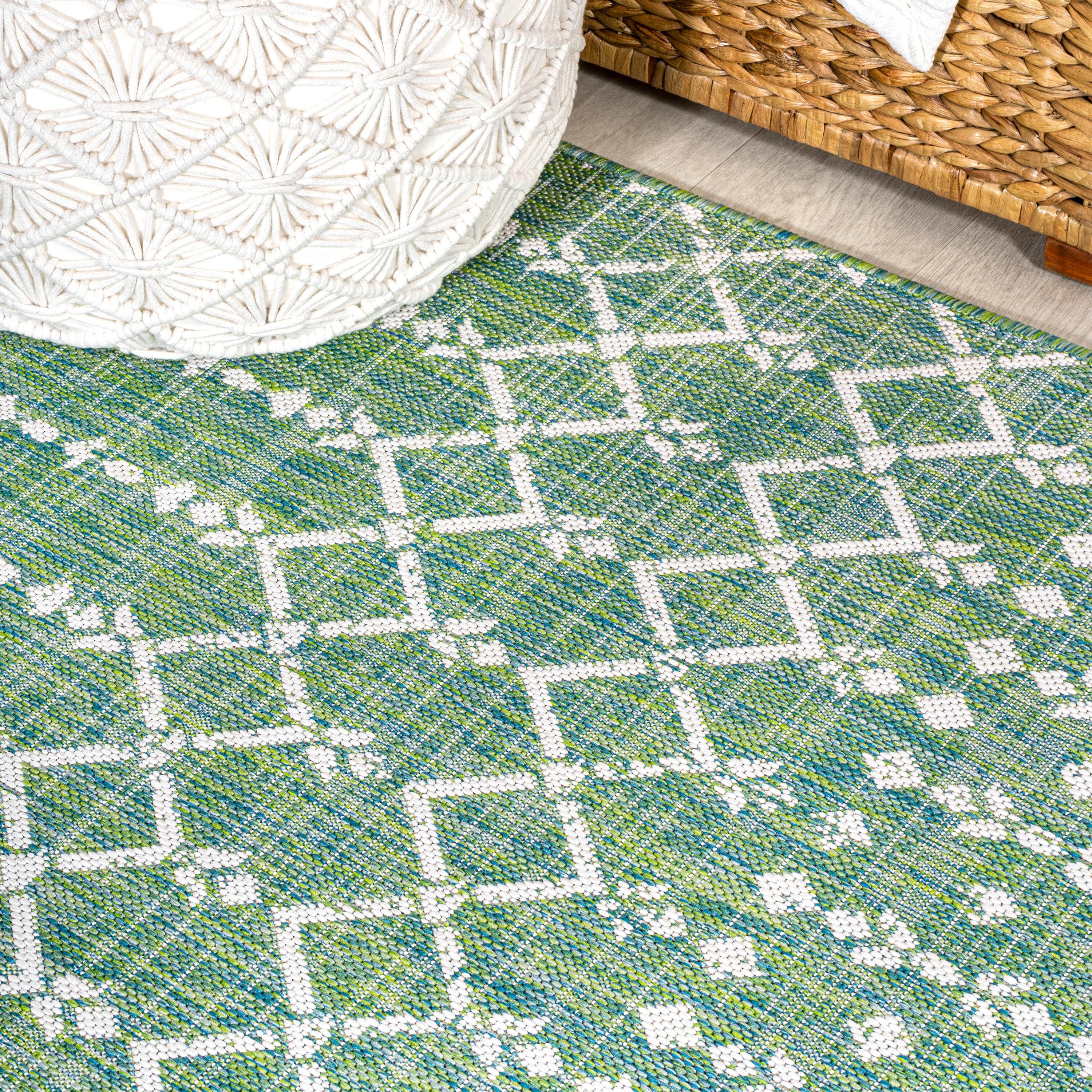 3' x 5' Ourika Moroccan Geometric Textured Weave Indoor/Outdoor Area Rug, Green/Cream - JONATHAN Y