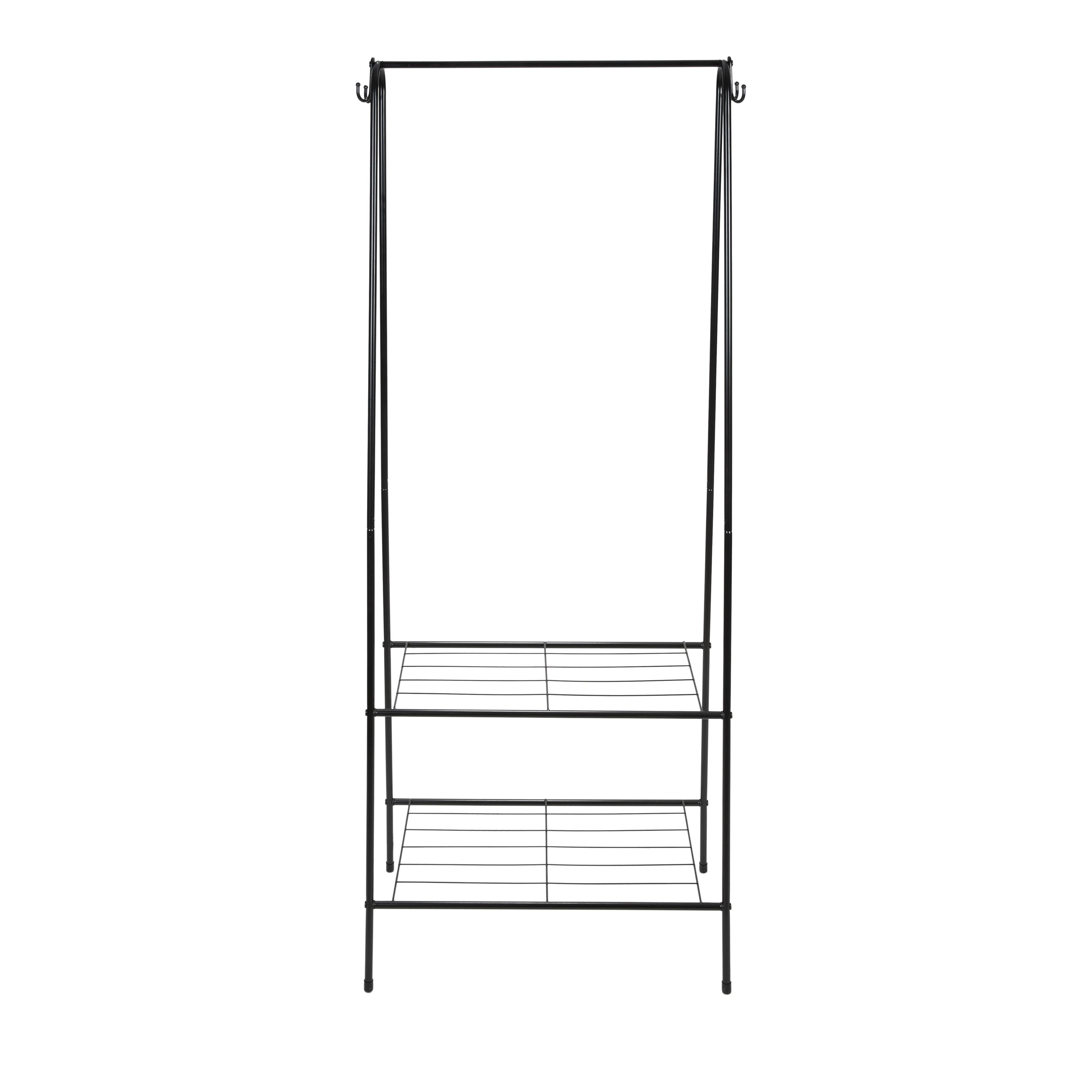 Organize It All Clothing Garment Rack with 2 Shelves and 2 Hooks Black