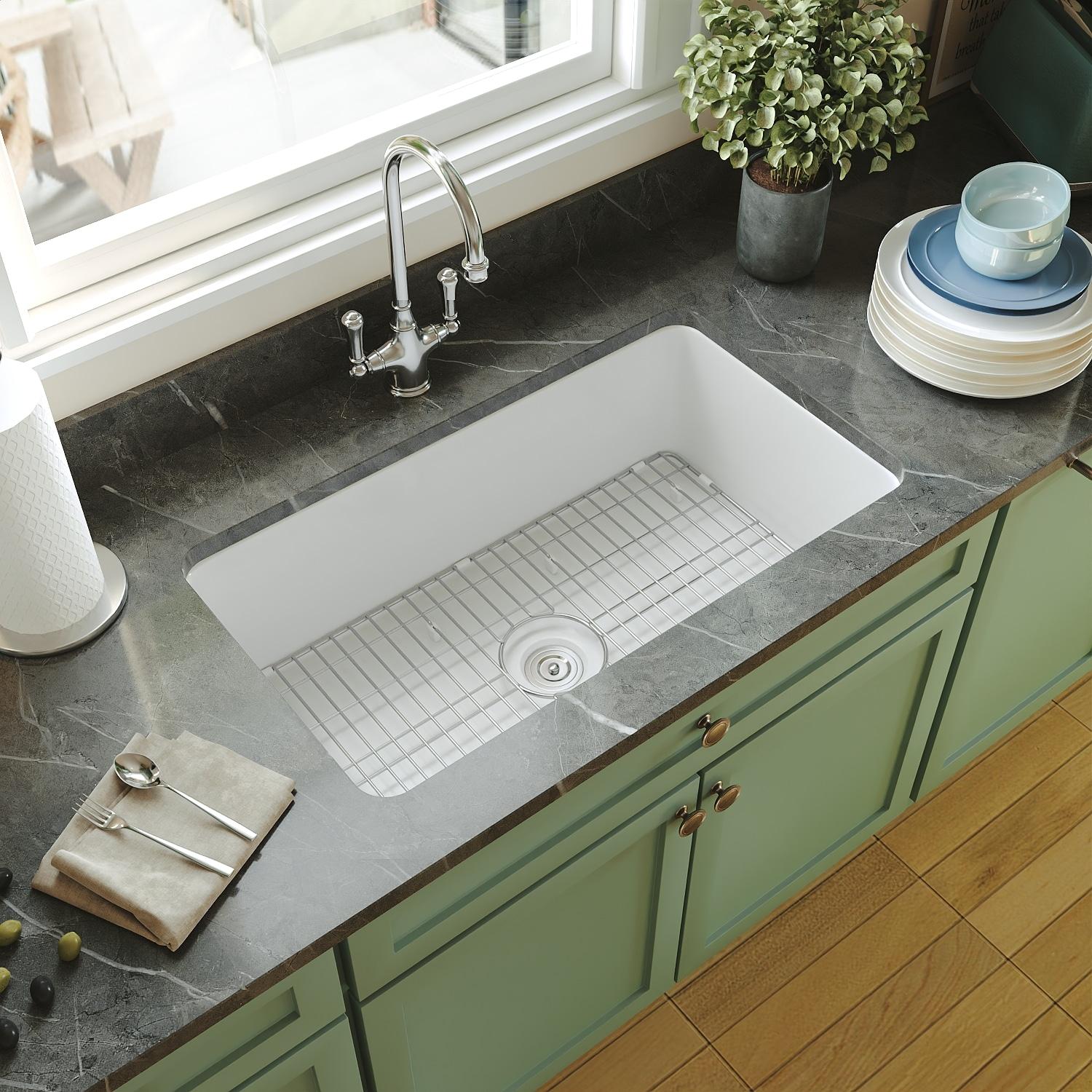 Rectangular Fireclay 32" L x 19" W Fireclay Undermount Kitchen Sink with Basket Strainer and Sink Grid