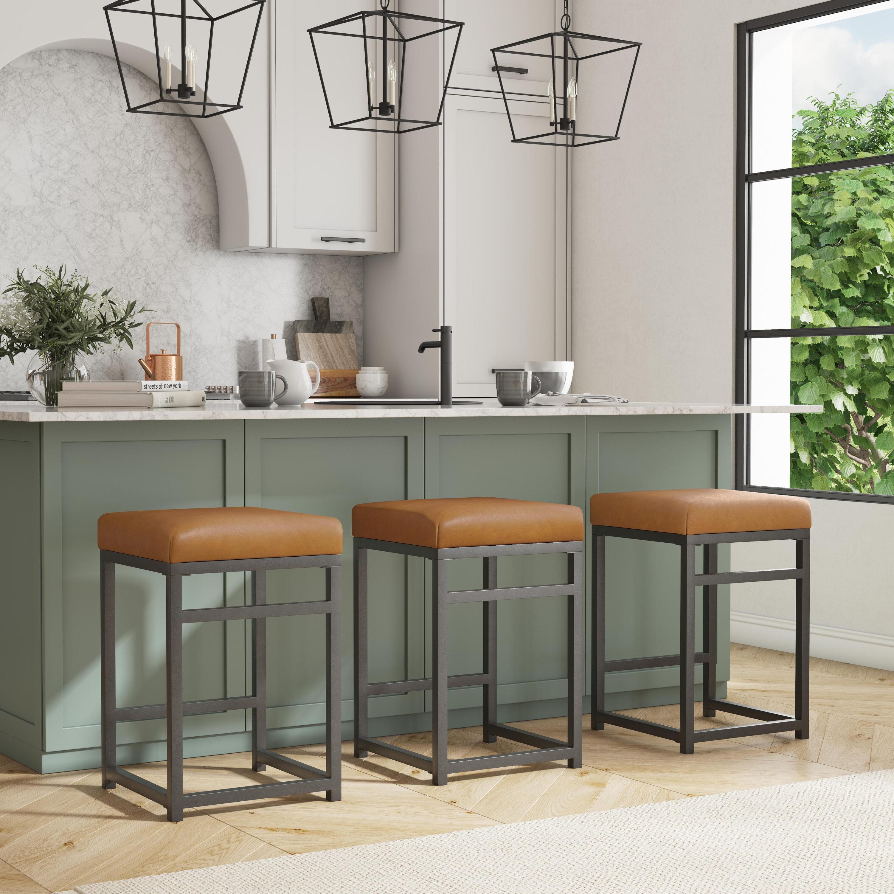 24" Open Back Metal Counter Height Barstool Faux Leather Carmel - HomePop: Kitchen Island Seating, Industrial Style