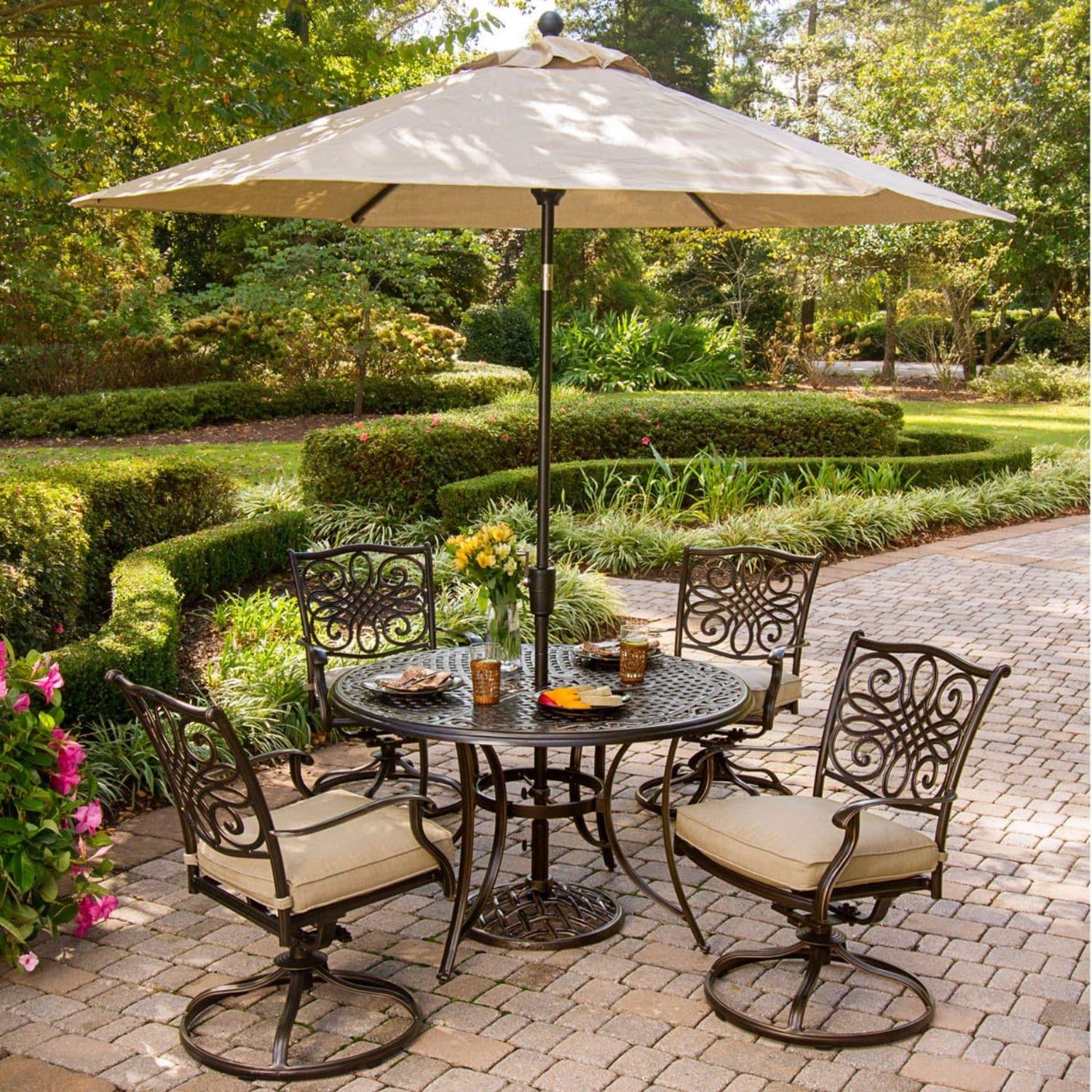 Hanover Traditions 5 Pcs Aluminum Outdoor Dining Set Seats 4 with Umbrella, Tan