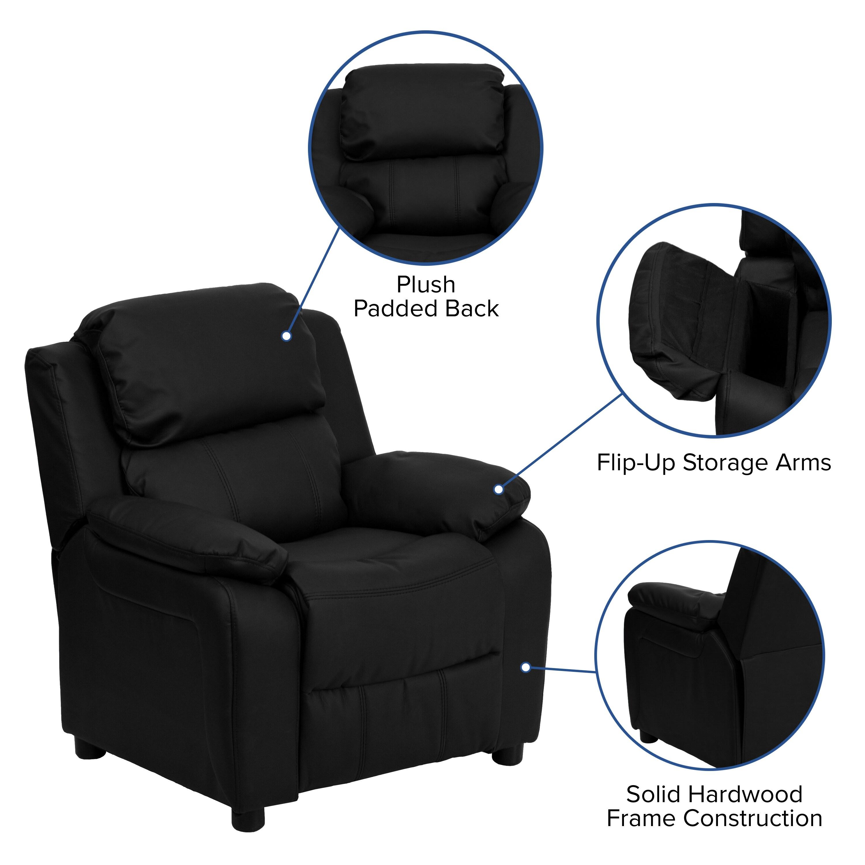 Flash Furniture Charlie Deluxe Padded Contemporary Black LeatherSoft Kids Recliner with Storage Arms