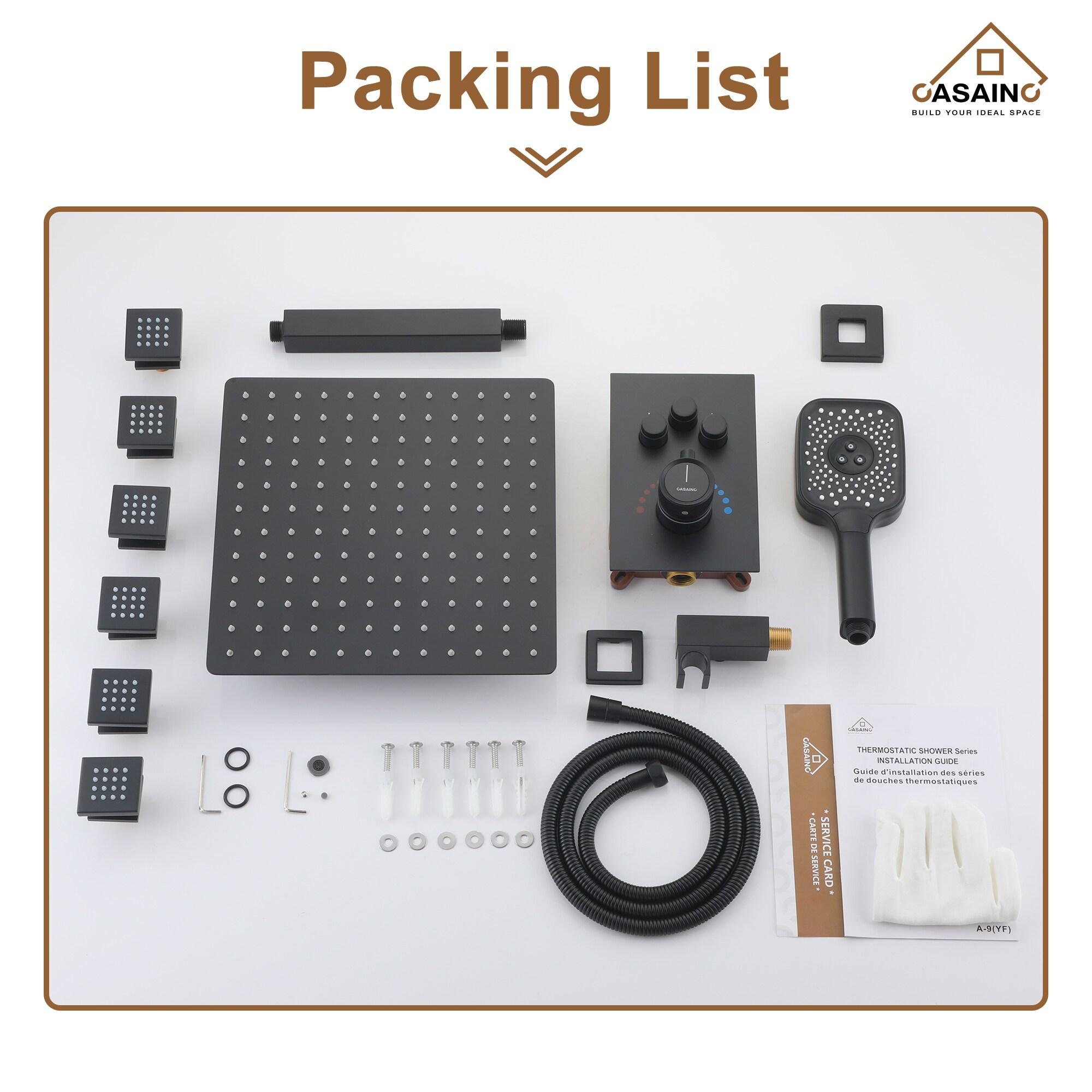 Revitalize 3-Function 12 Inch Ceiling Mount Rainfall Thermostatic Shower System with 6 Body Jets