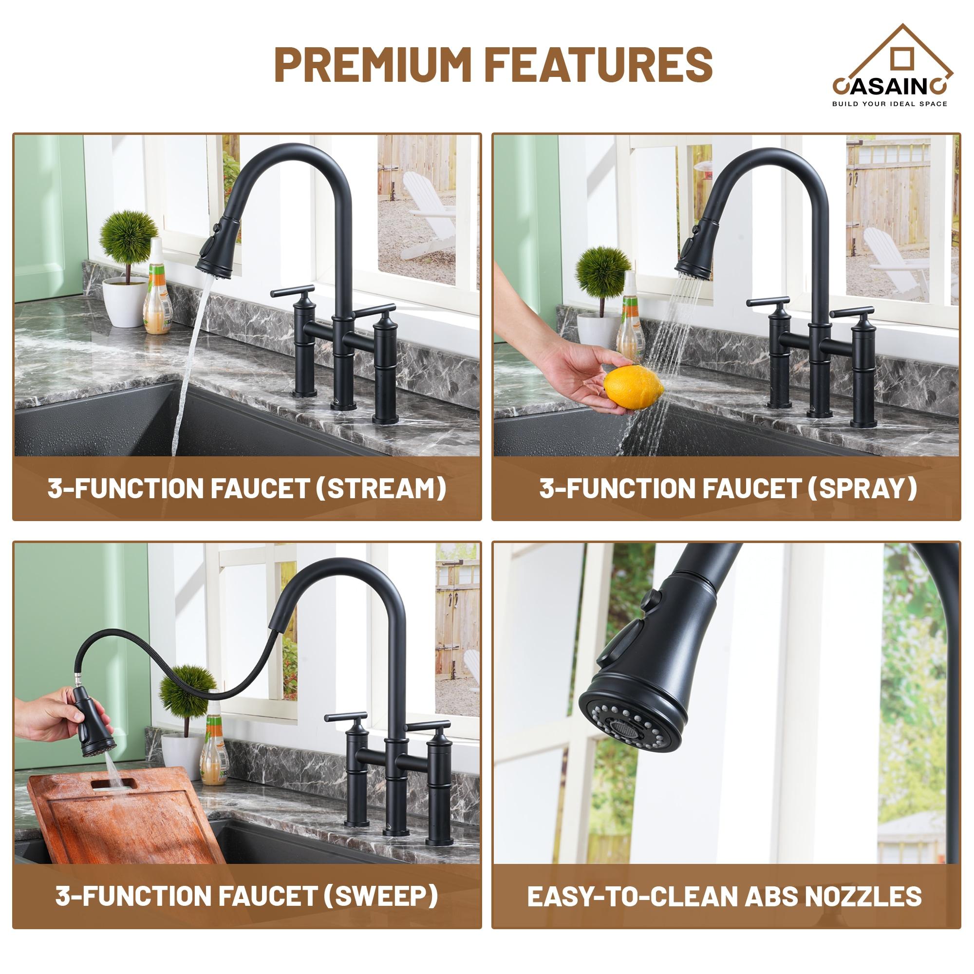 CASAINC Sleek 2-Handle Bridge Kitchen Faucet with Three Function Pull-Down Sprayhead 1.8 GPM KCLT0001-MB
