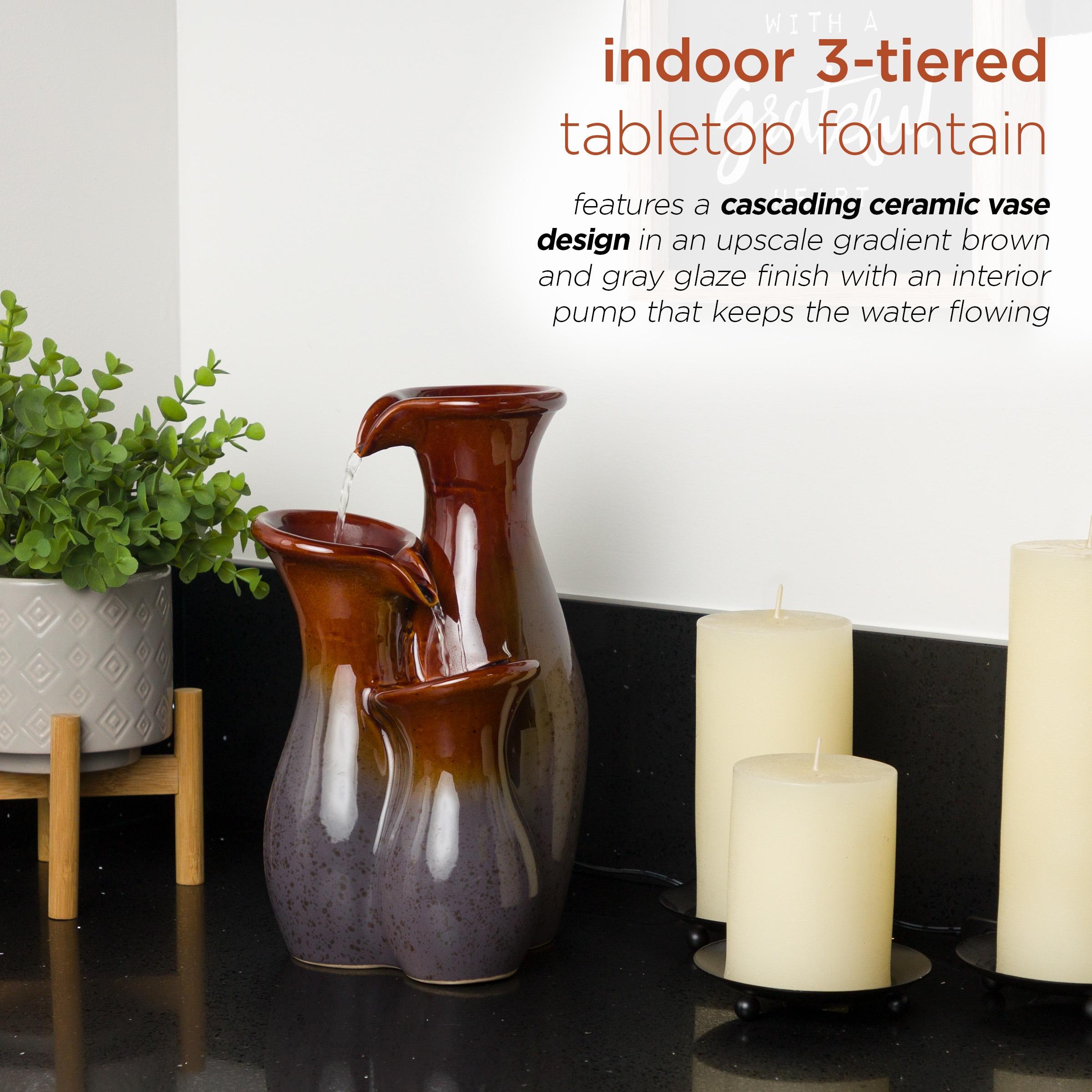Alpine Corporation 11"H Indoor Tiered Glossy Ceramic Vase Tabletop Fountain, Brown/Gray