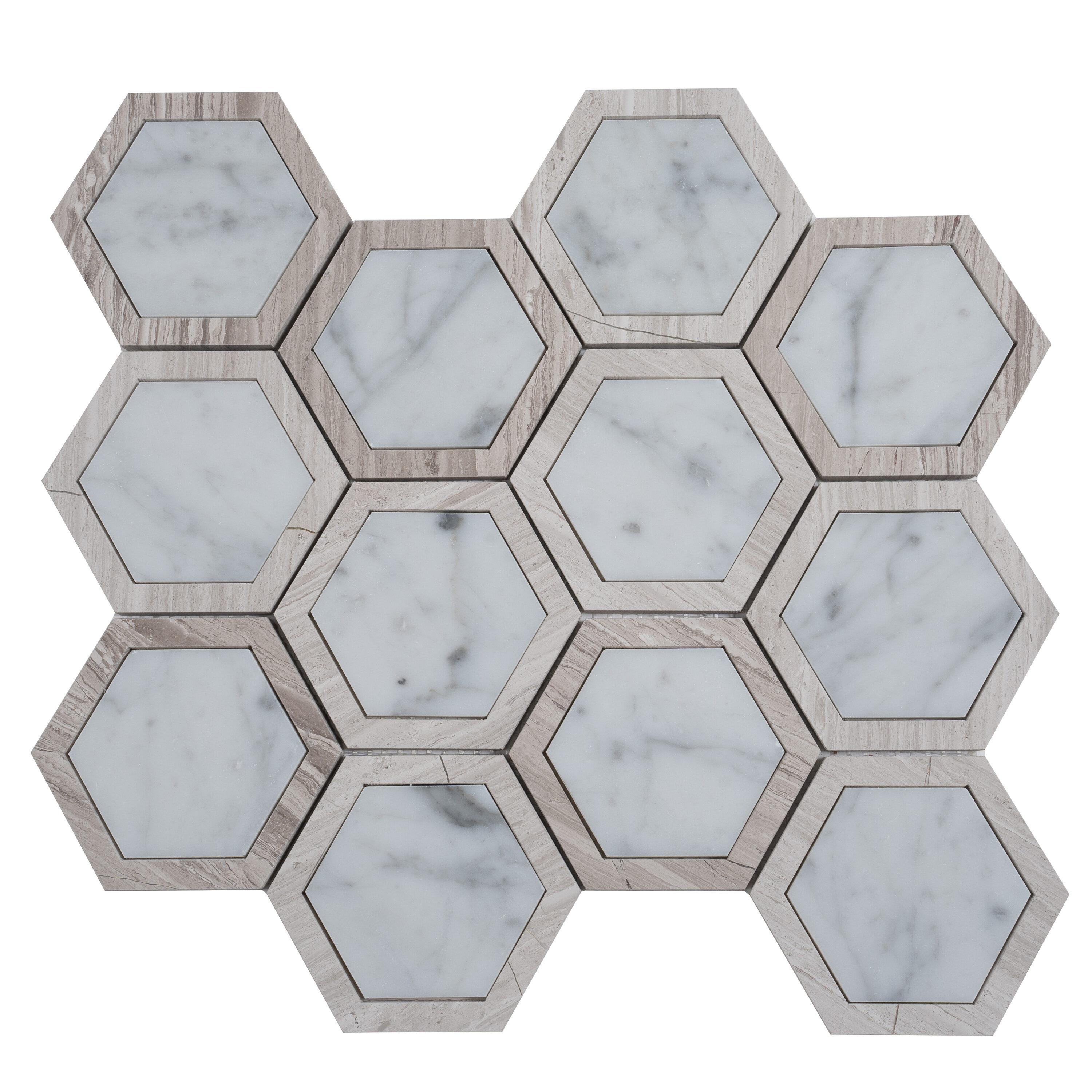 Apollo Tile 12 x 13.5 Bianco Carrara, Wooden Grey Marble Random Mosaic Tile