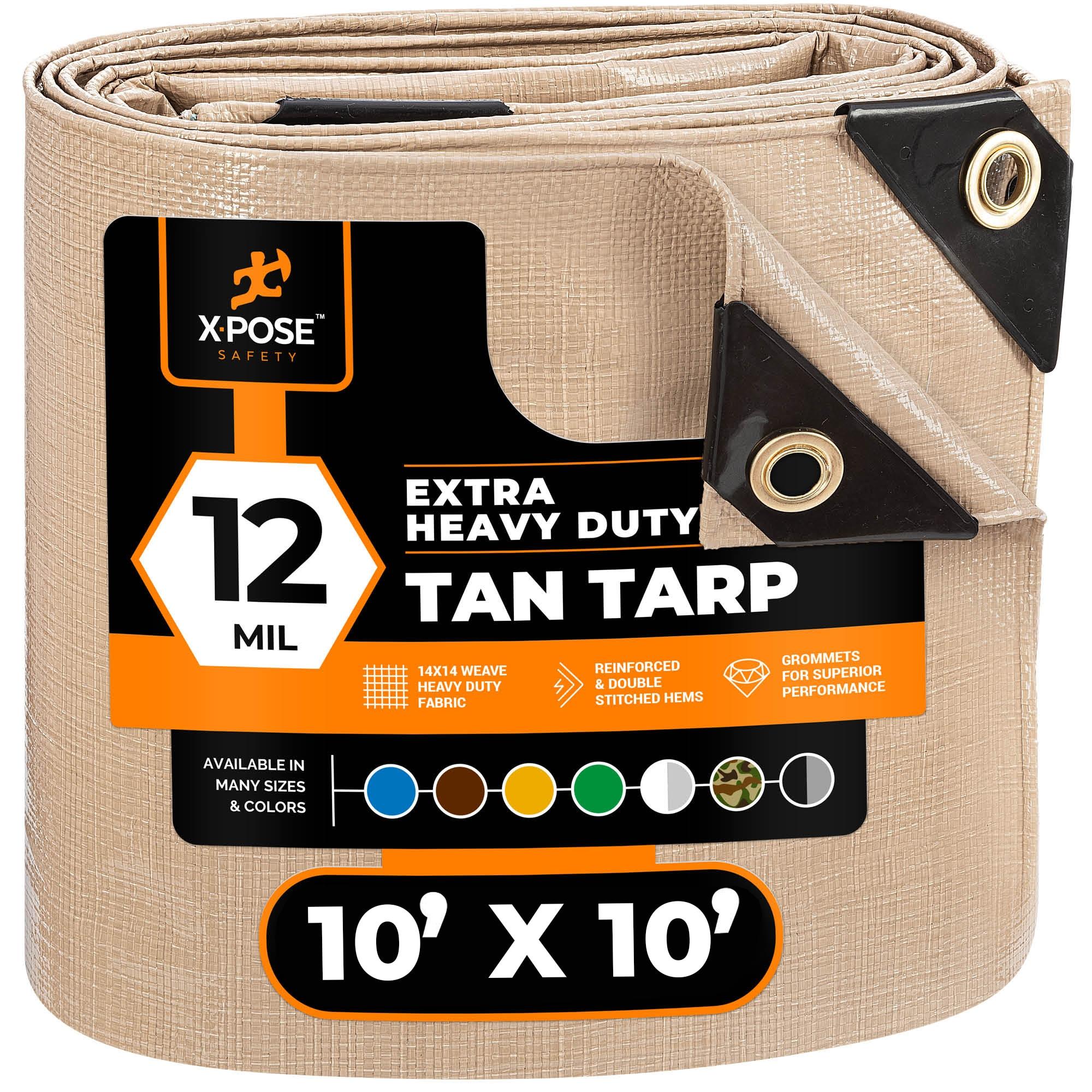 Heavy Duty Tan Poly Tarp 10' X 10' - Multipurpose Protective Cover - Durable, Waterproof, Weather Proof, Rip and Tear Resistant - Extra Thick 12 Mil Polyethylene - by Xpose Safety