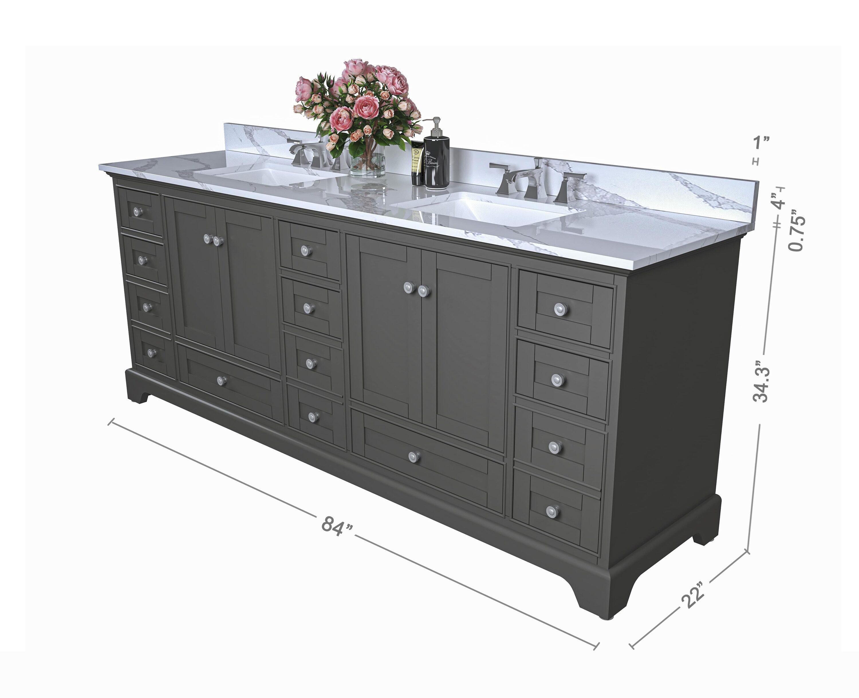 Audrey 84 in. Bath Vanity Set in Sapphire Gray with Quartz Calacatta Laza Top