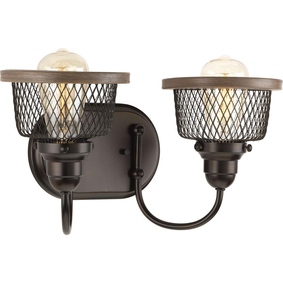 Progress Lighting Tilley 2-Light Bath & Vanity in Antique Bronze, Steel, Industrial Style, Metal Mesh Shades