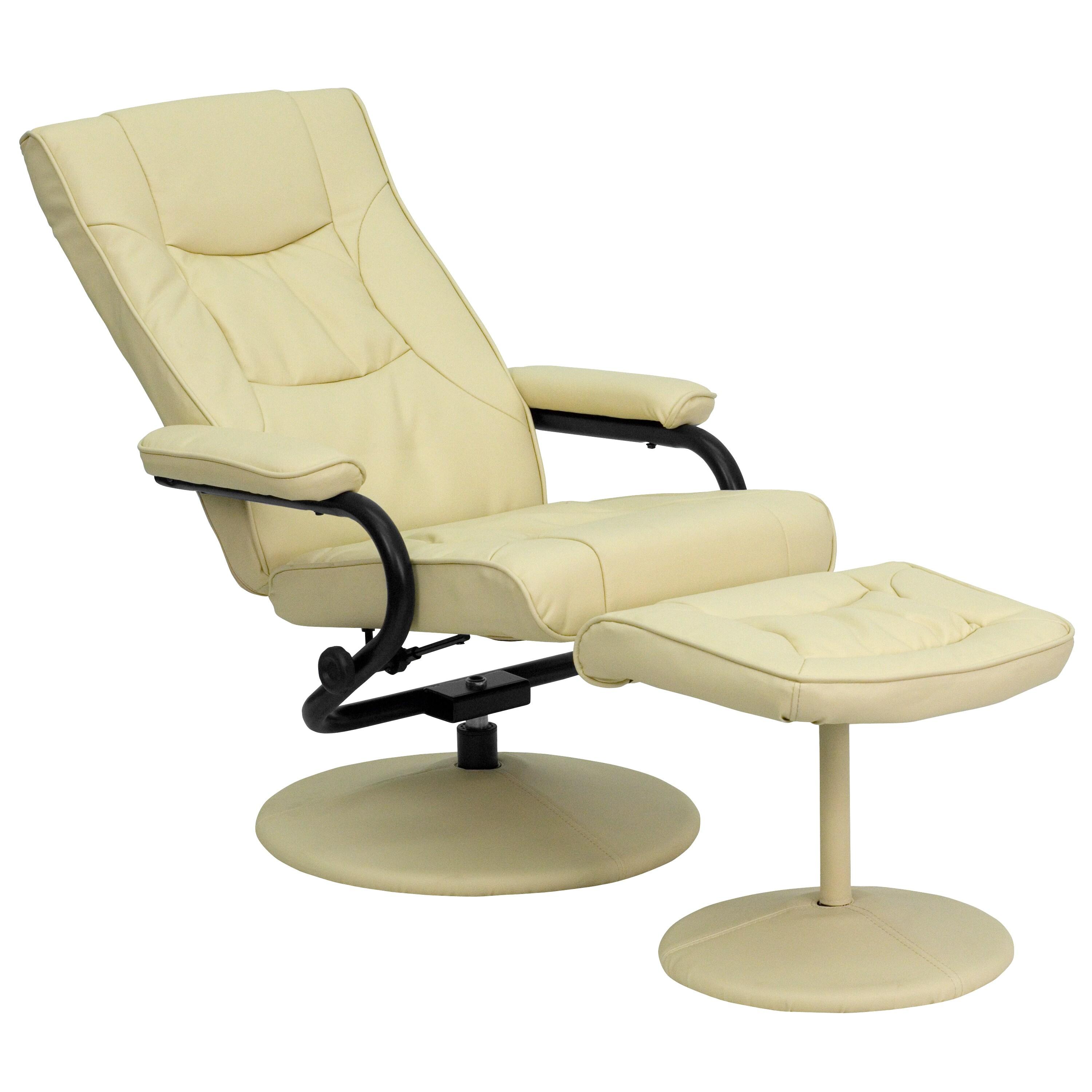 BizChair Contemporary Multi-Position Recliner and Ottoman with Wrapped Base in Cream LeatherSoft