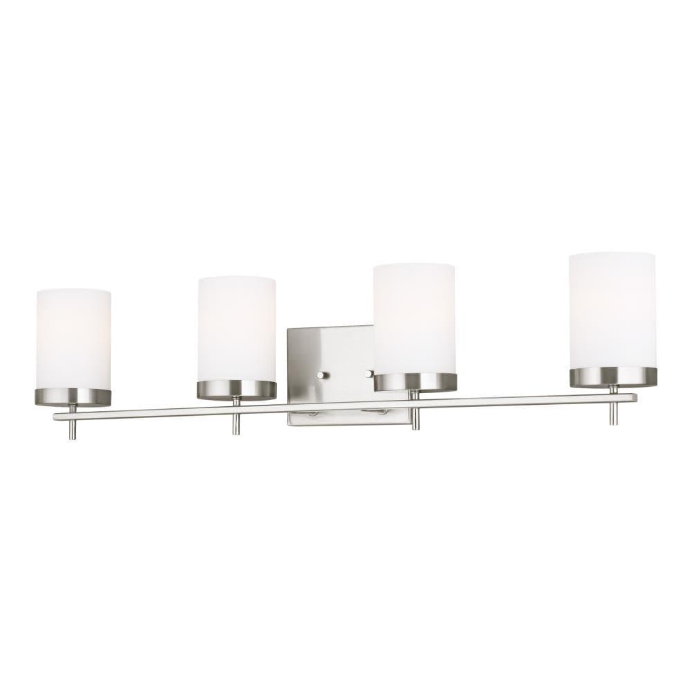 Brushed Nickel Cylinder 4-Light Vanity Fixture with Etched Glass