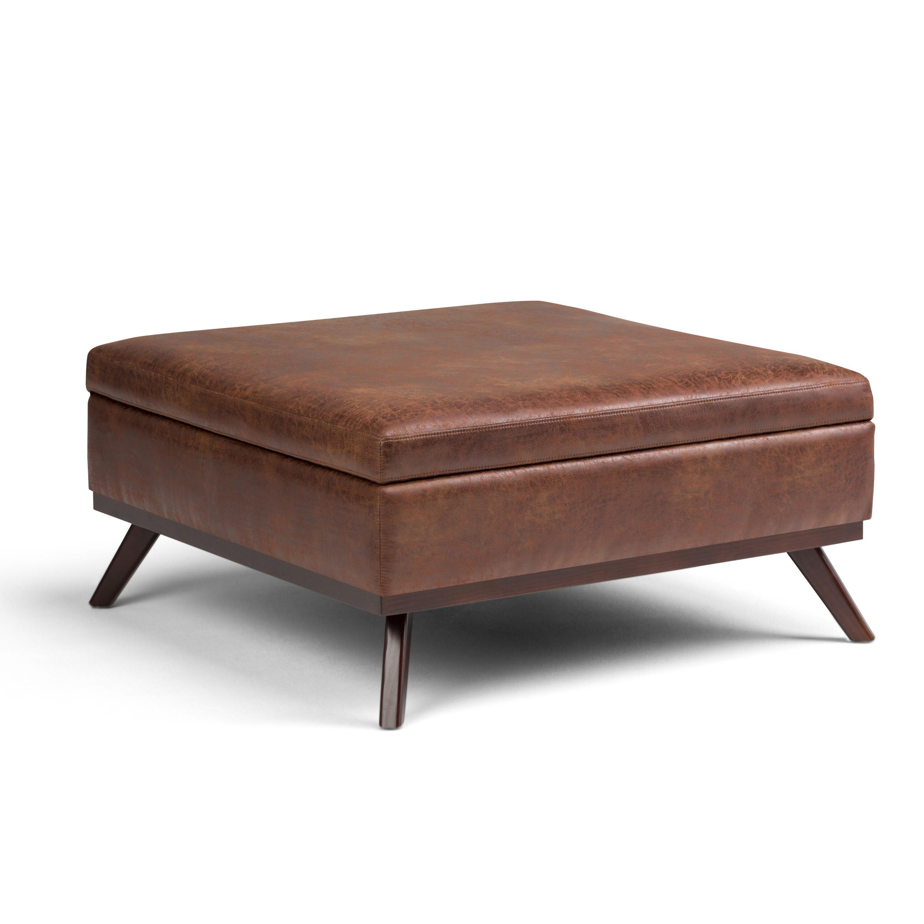 Simpli Home Owen Faux Air Leather Square Coffee Table Ottoman in Saddle Brown