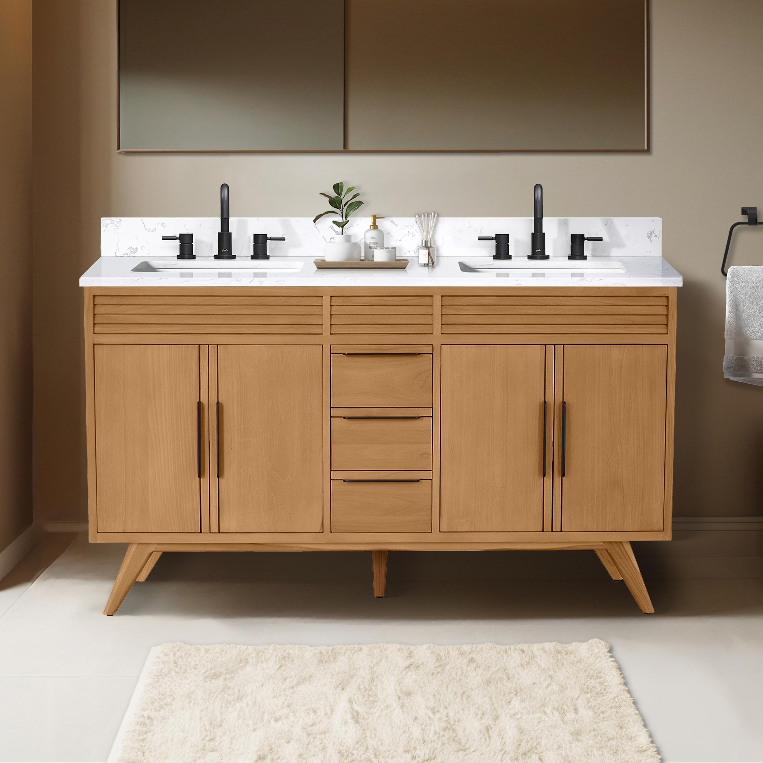 Taylor 61 in. Double Sink Bath Vanity in Natural Teak with Cala White Engineered Stone Top