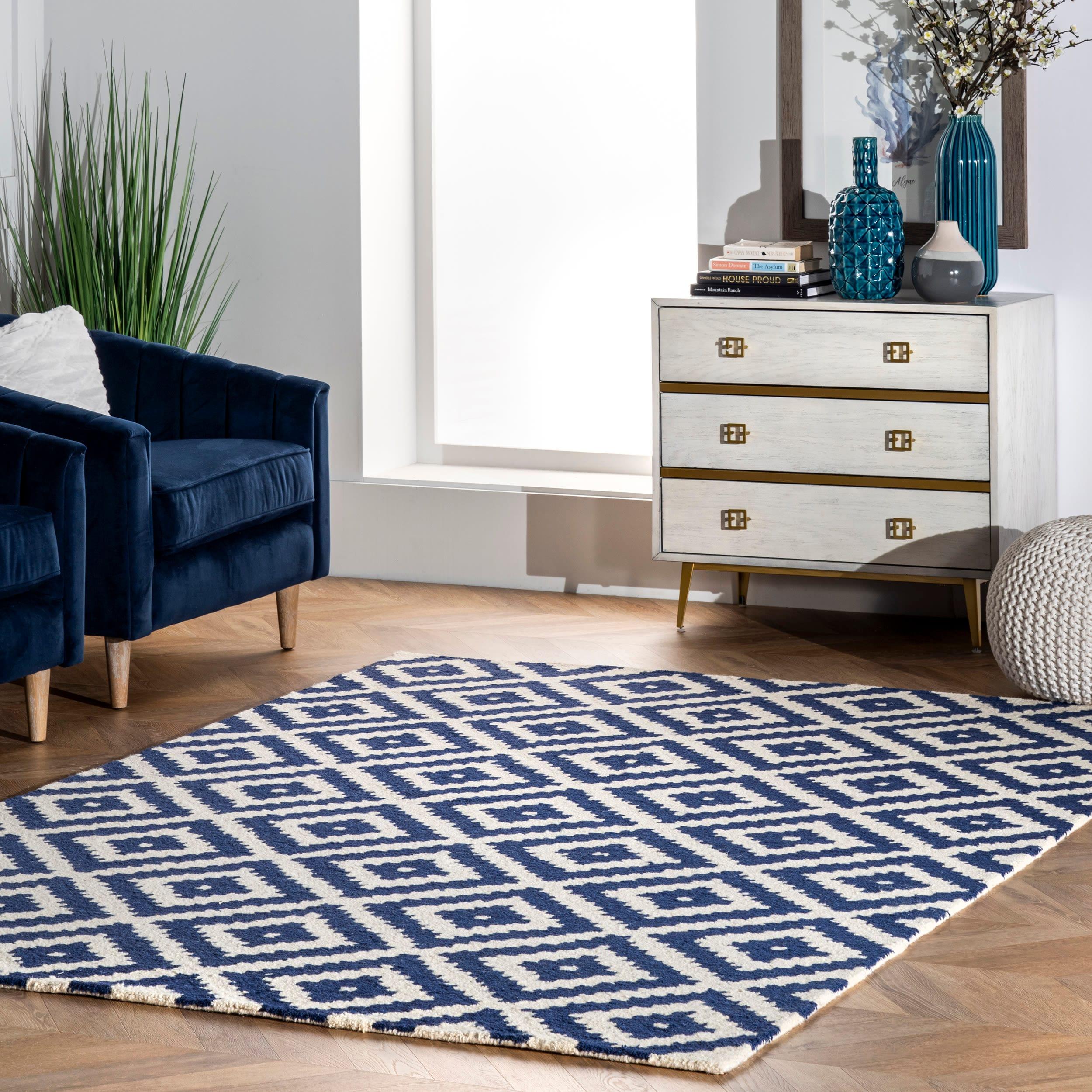 Nuloom Kellee Geometric 3x5 Wool Accent Indoor Area Rug for Living Room Bedroom Dining Room Entryway Kitchen, Navy/White