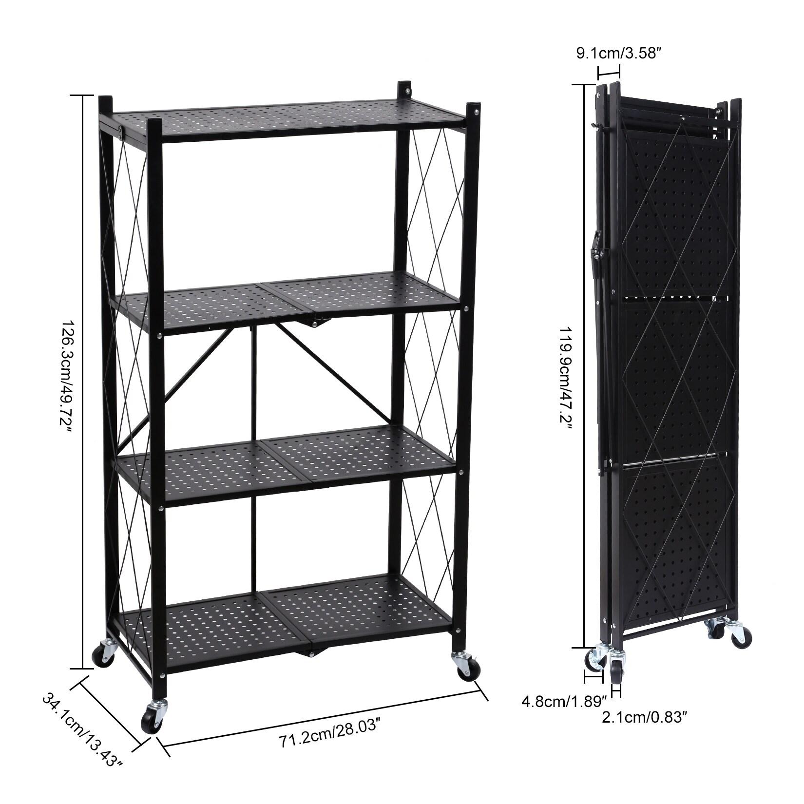 HeSLehs 4-Tier Heavy Duty Foldable Metal Rack Storage Shelving Unit with Wheels Moving Easily Organizer Shelves Great for Garage Kitchen, Black