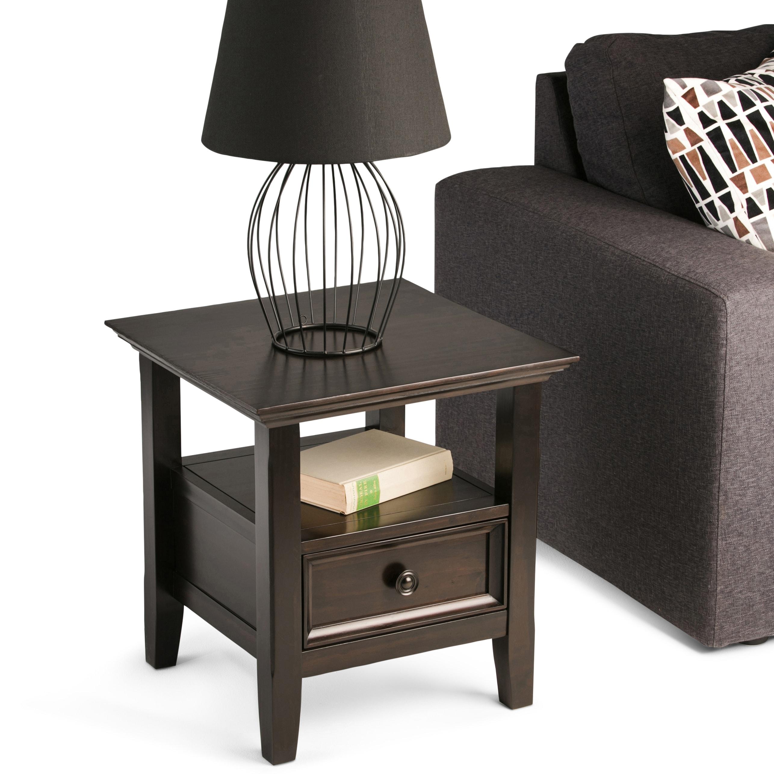 Simpli Home Amherst Wood 19" Square Transitional End Table in Hickory Brown