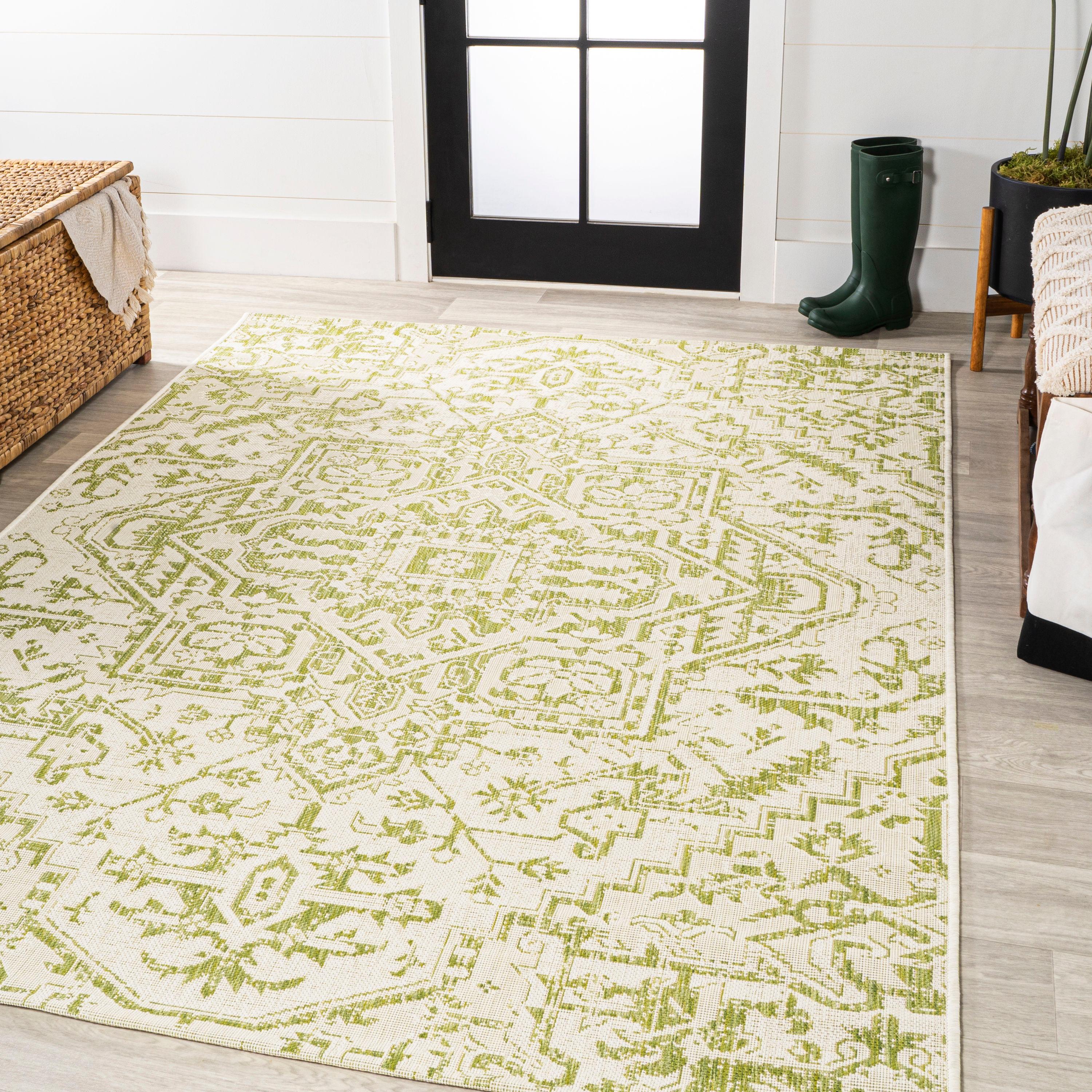 9' x 12' Estrella Bohemian Styled Medallion Textured Weave Indoor/Outdoor Area Rug, Cream/Green - JONATHAN Y