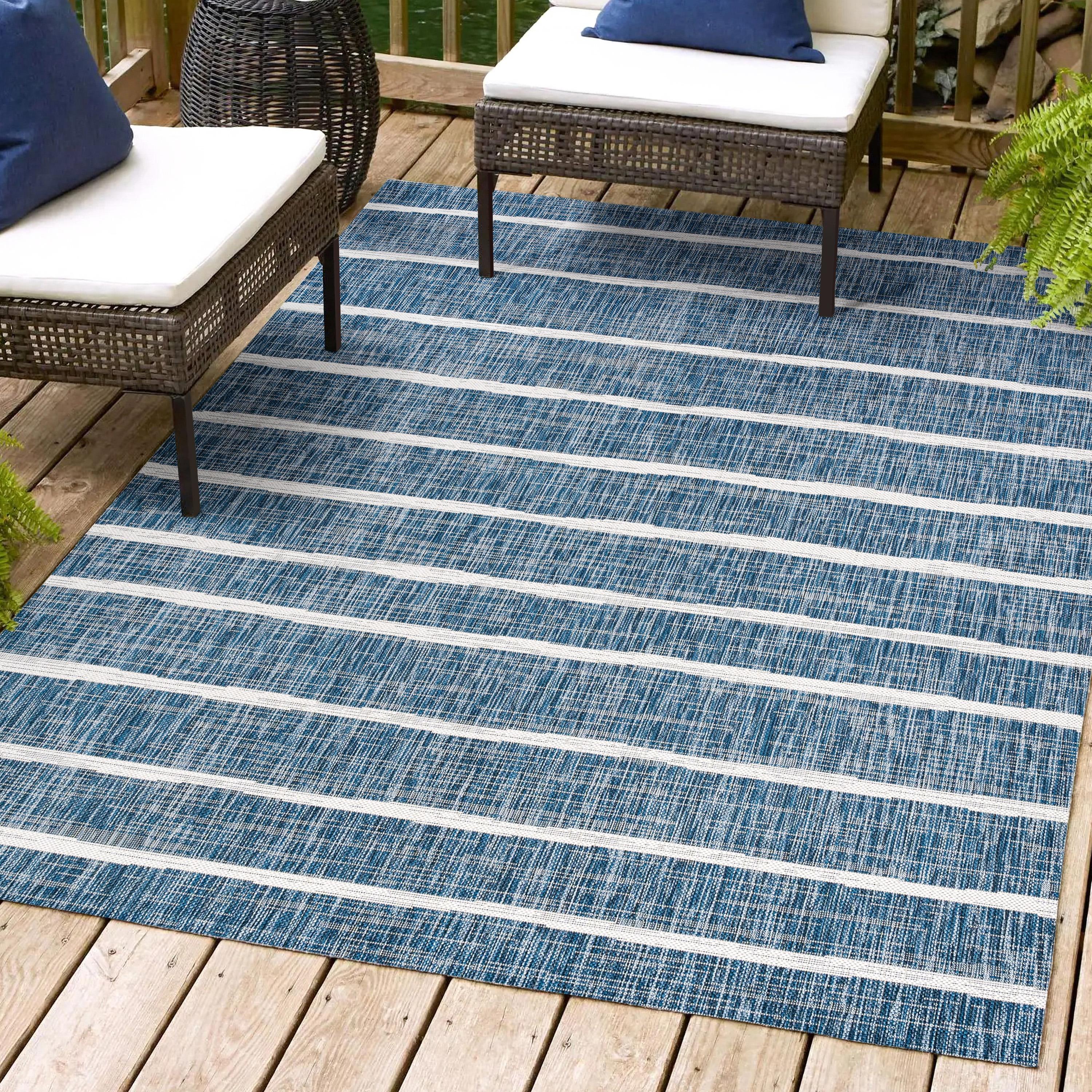 3'x5' Colonia Berber Stripe Indoor/Outdoor Area Rug, Blue/Ivory - JONATHAN Y