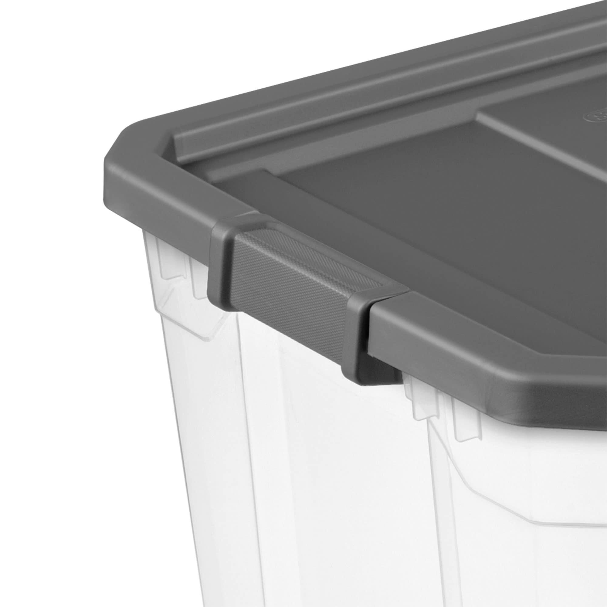 Sterilite 108 Quart Plastic Stacker Box, Lidded Storage Bin Container for Home and Garage Organizing, Shoes, Tools, Clear Base & Gray Lid, 8-Pack