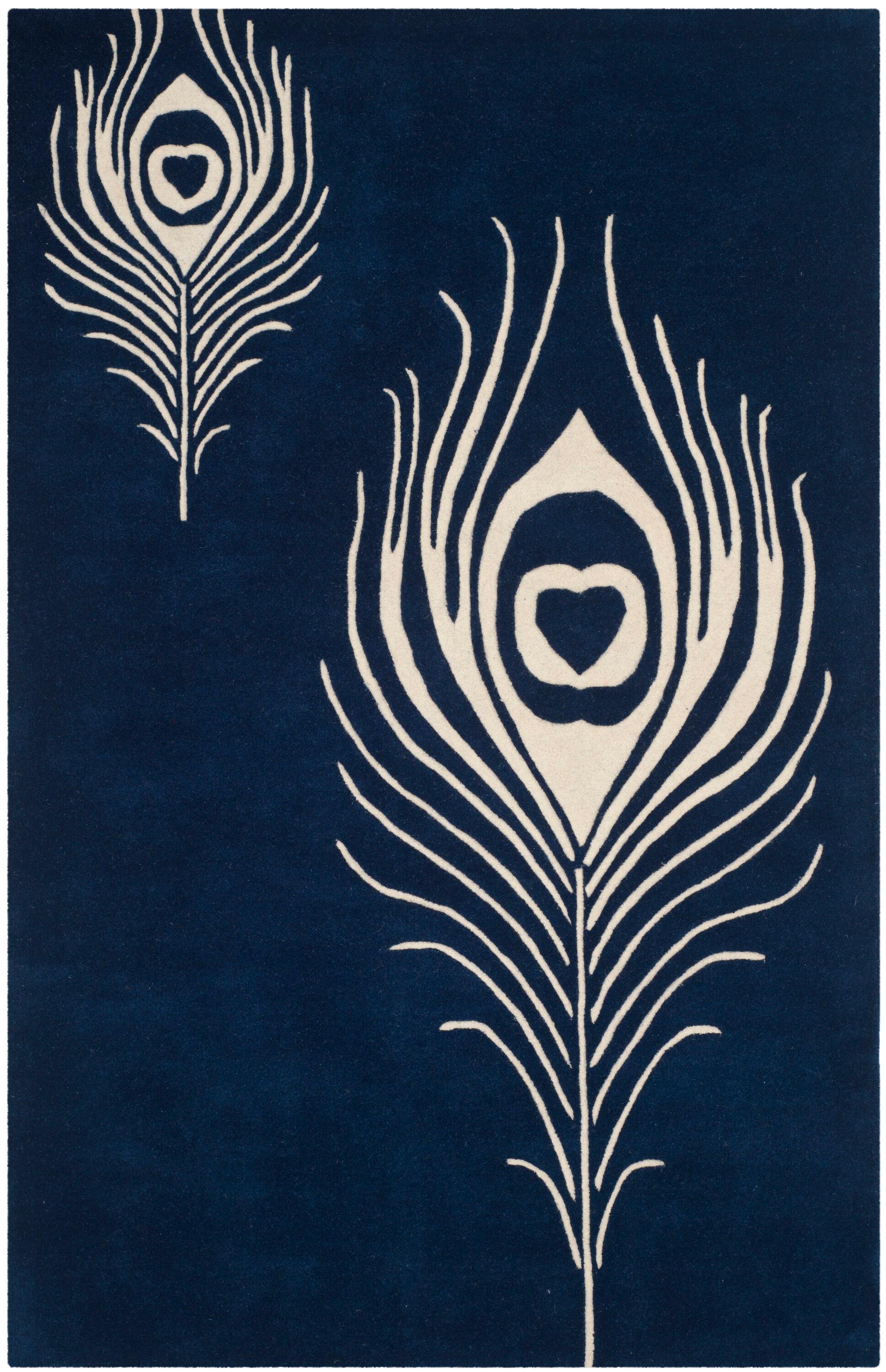 SAFAVIEH Soho Jarvis Peacock Feather Wool Area Rug, Navy/Ivory, 3'6" x 5'6"