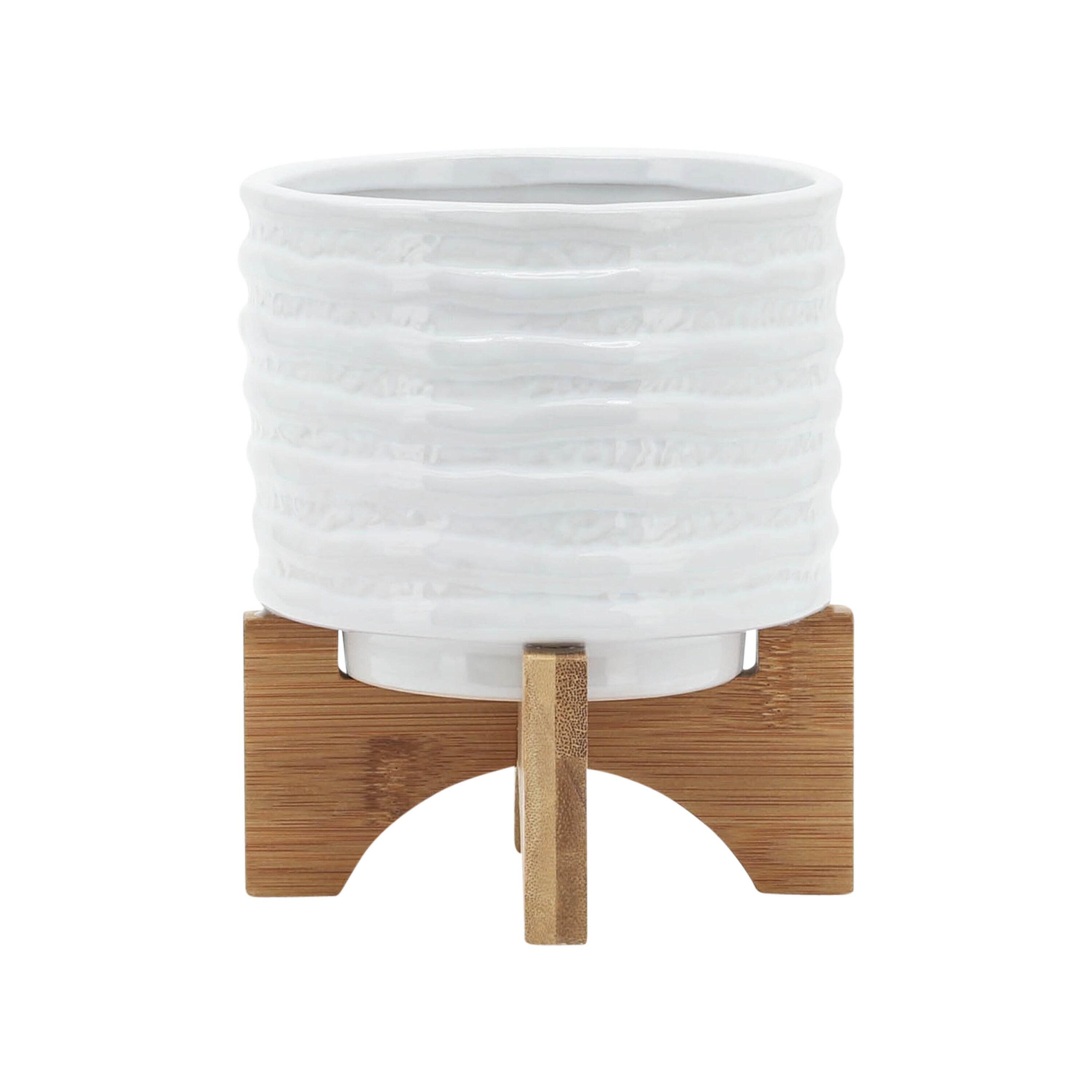 6" Ceramic Planter on Stand White Stripe - Sagebrook Home: Ridged, Wood Stand, Indoor/Outdoor Use