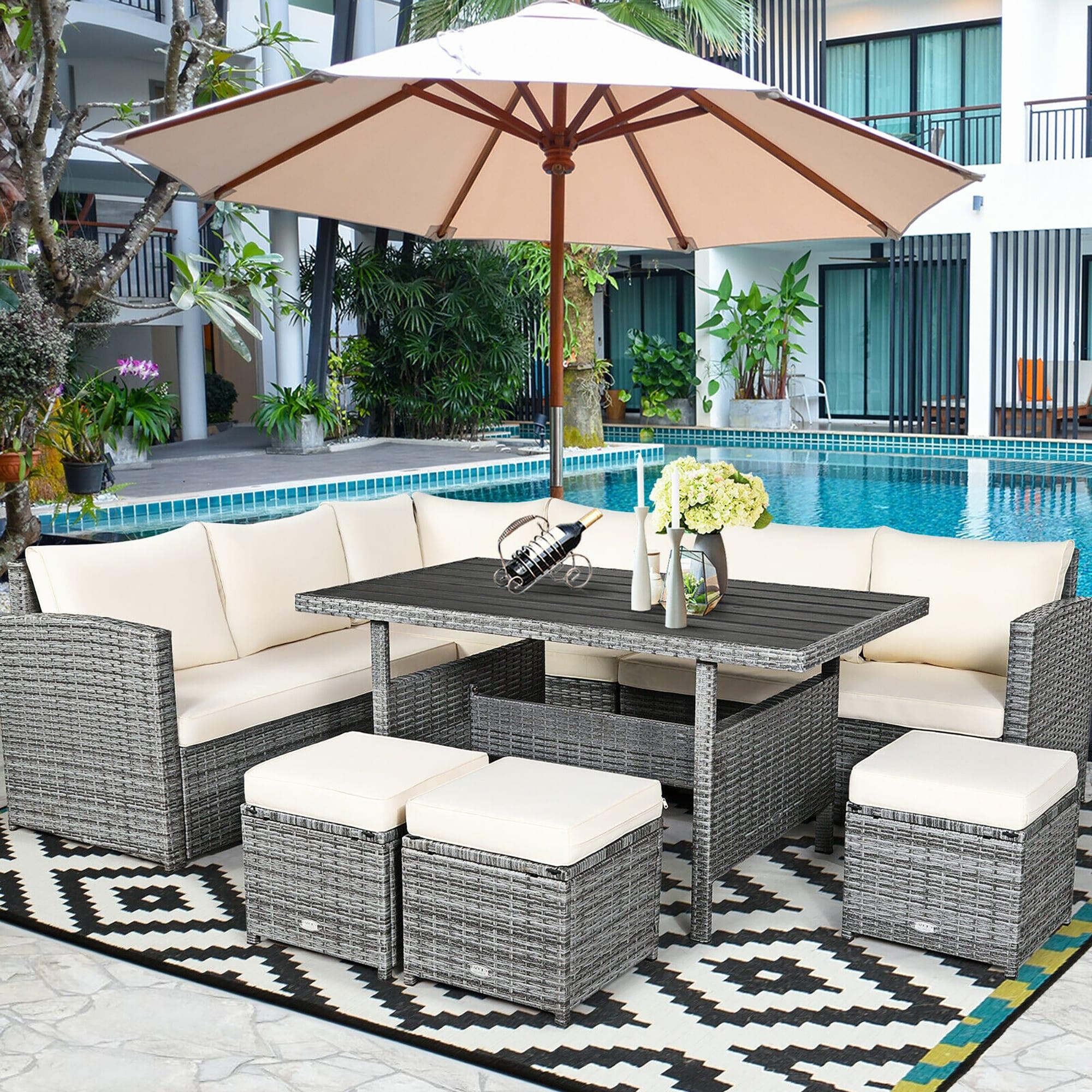 Gray Rattan 7-Piece Patio Sofa Set with Off-White Cushions