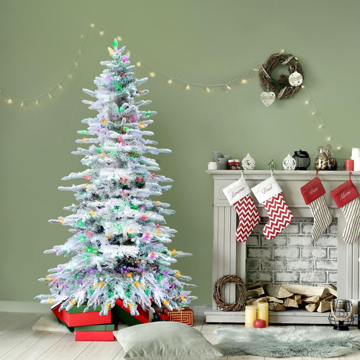 Fraser Hill Farm Flocked Mountain Pine Christmas Tree with LED Lights