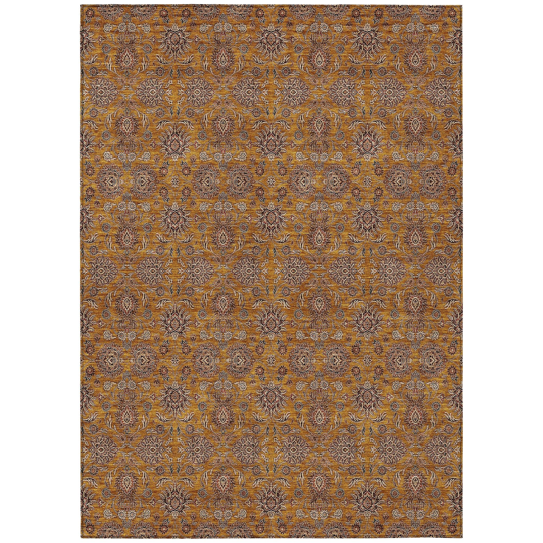 Copper Floral Pattern Machine Washable Indoor Outdoor Rug