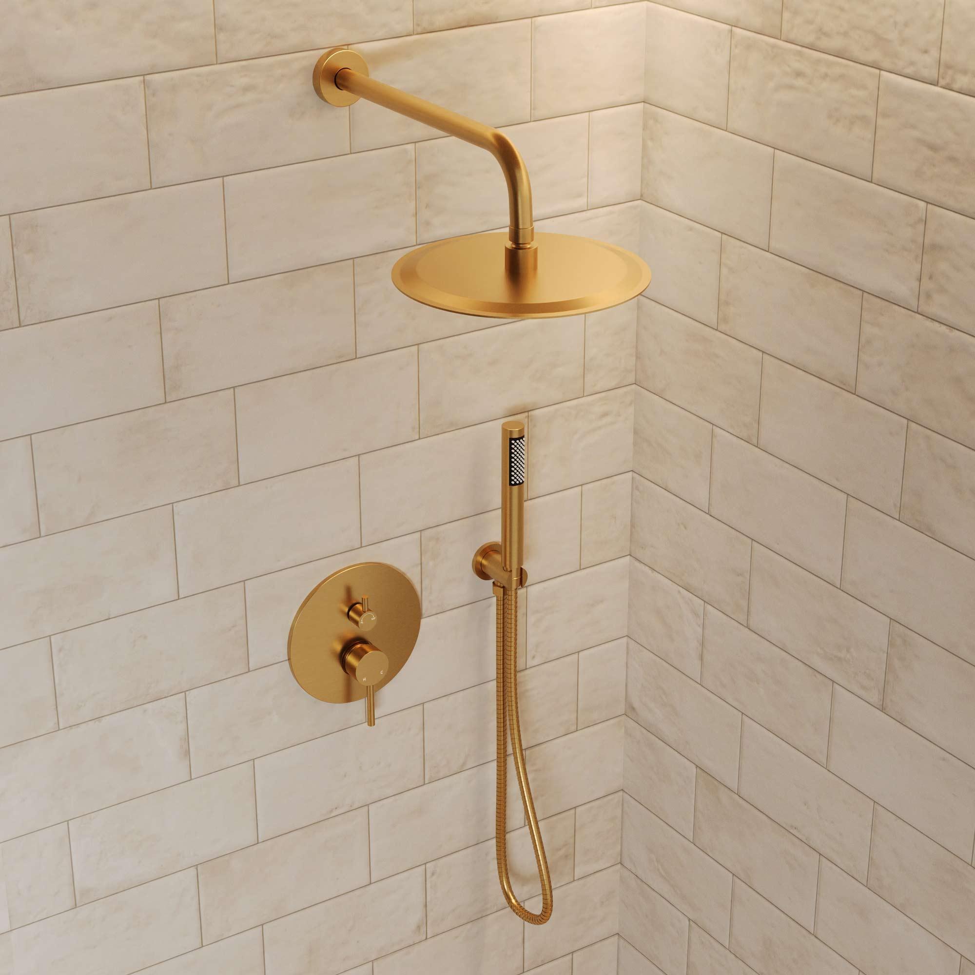 GRANDJOY Complete Shower System, 10" and 6" Dual Wall Mount Rain Shower Faucets with Handheld Shower Spray, High Pressure in Brushed Gold