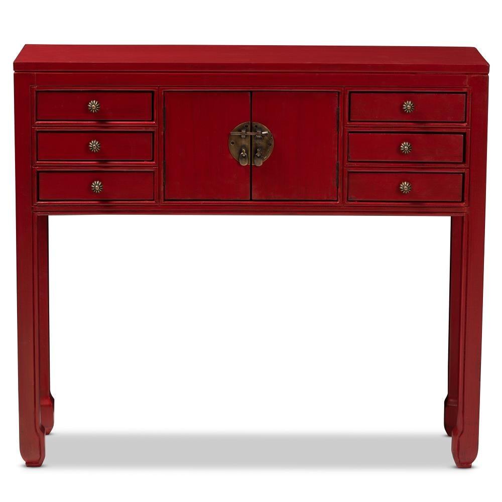 Melodie 6 Drawer Console Table Red - Baxton Studio: Antique-Inspired, Bayur Wood, Bronze Handles