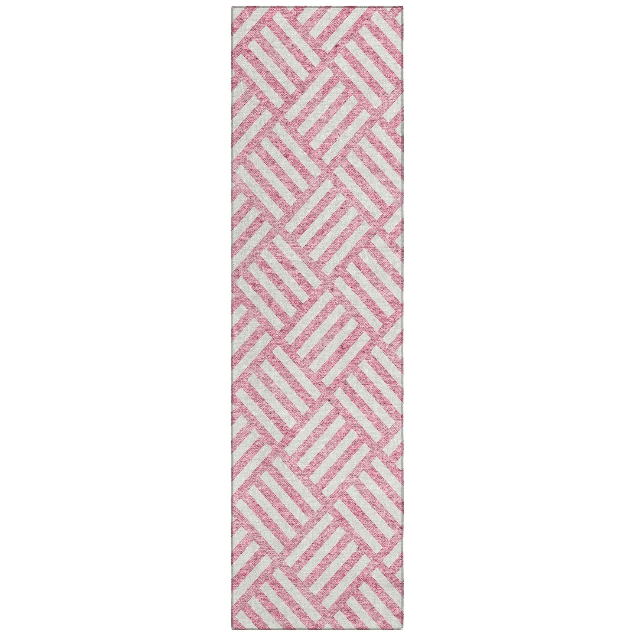 Pink and White Geometric Flat Woven Runner Rug