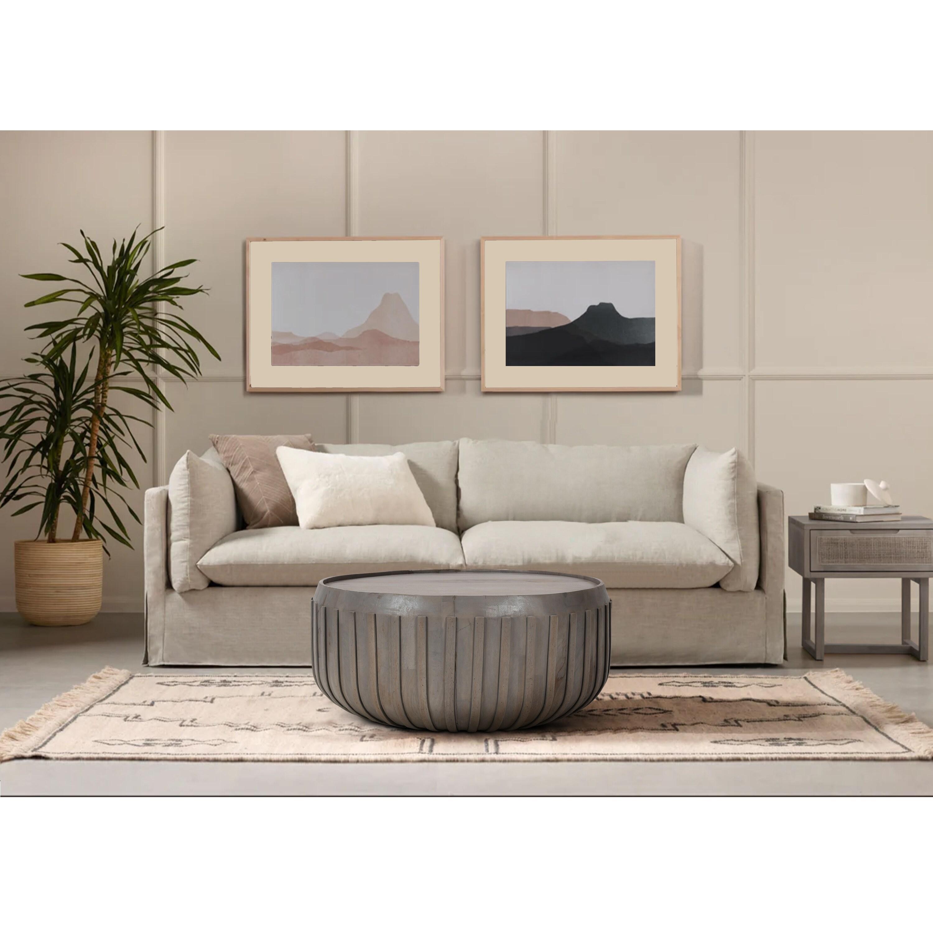 The Urban Port 36" Coffee Table Handcrafted Drum Shape with Ribbed Edges Gray Mango Wood Gray