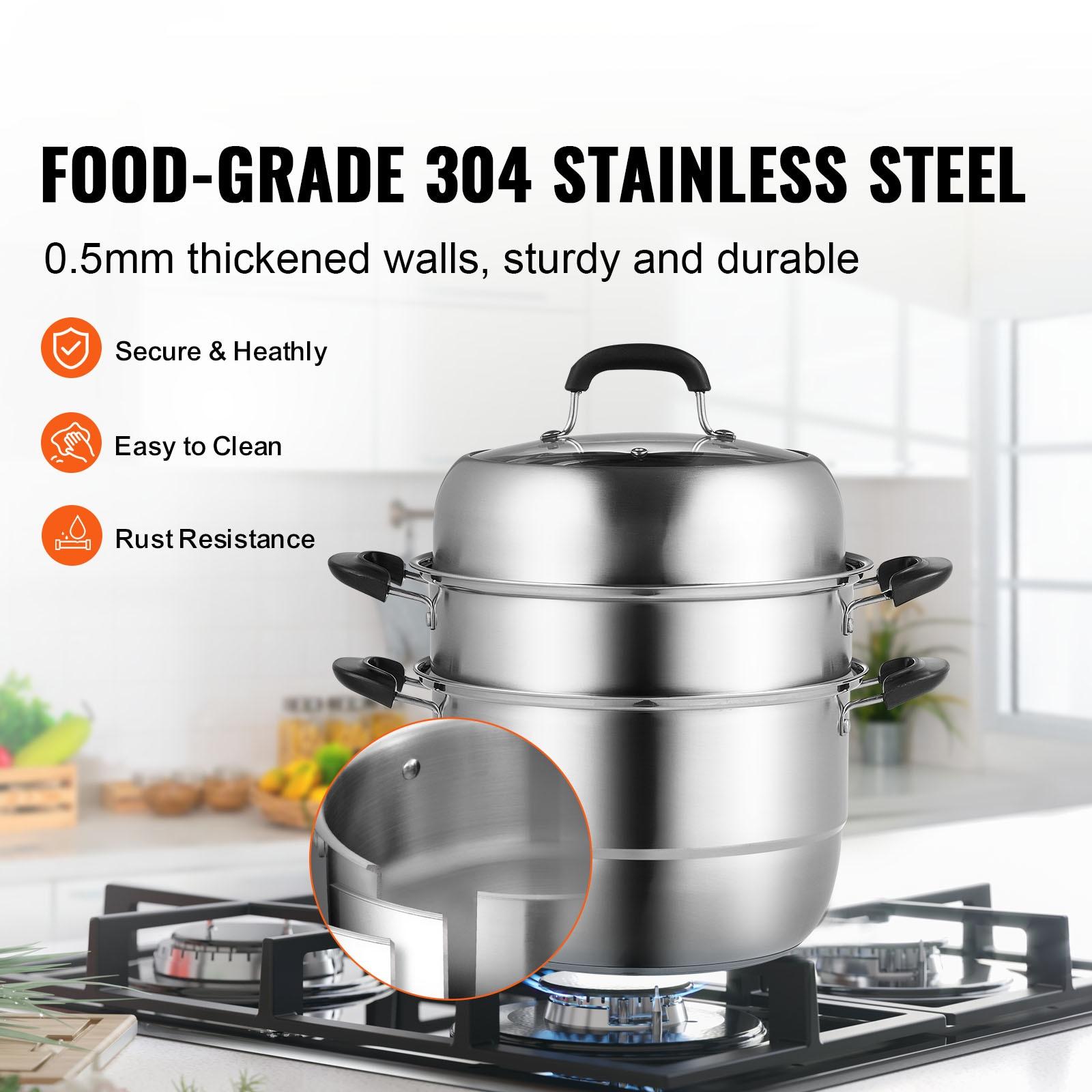 Stellweilan Tessberg Steamer Pot 11in/28cm, 3 Tier Steamer Pot for Cooking with 8.5QT Stock Pot, Vegetable Steamer & 2 Steaming Tray, Food-Grade 304 Stainless Steel Food Steamer Cookware for Gas Electric Stove Grill