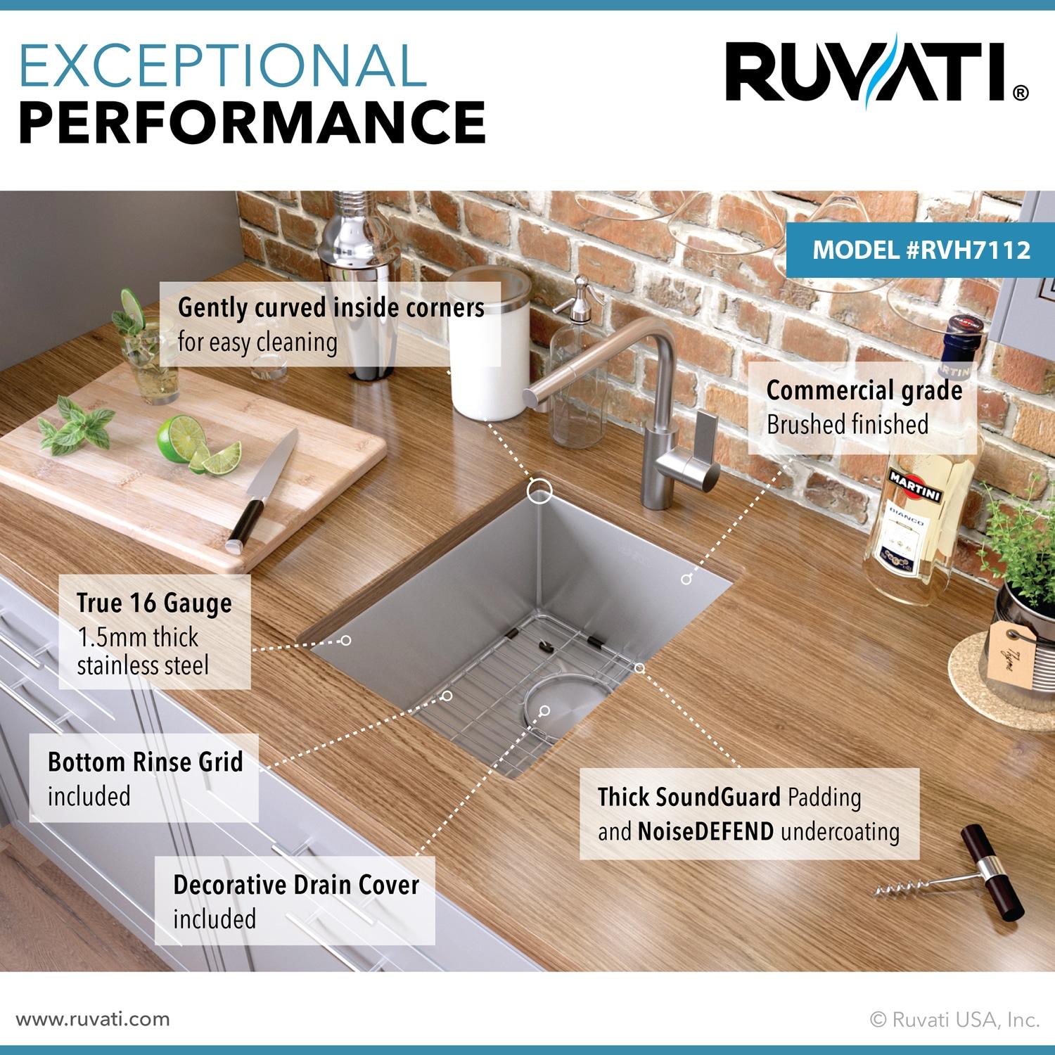 Ruvati 16 x 18 inch Undermount Bar Prep Kitchen Sink Rounded Corners Stainless Steel Single Bowl