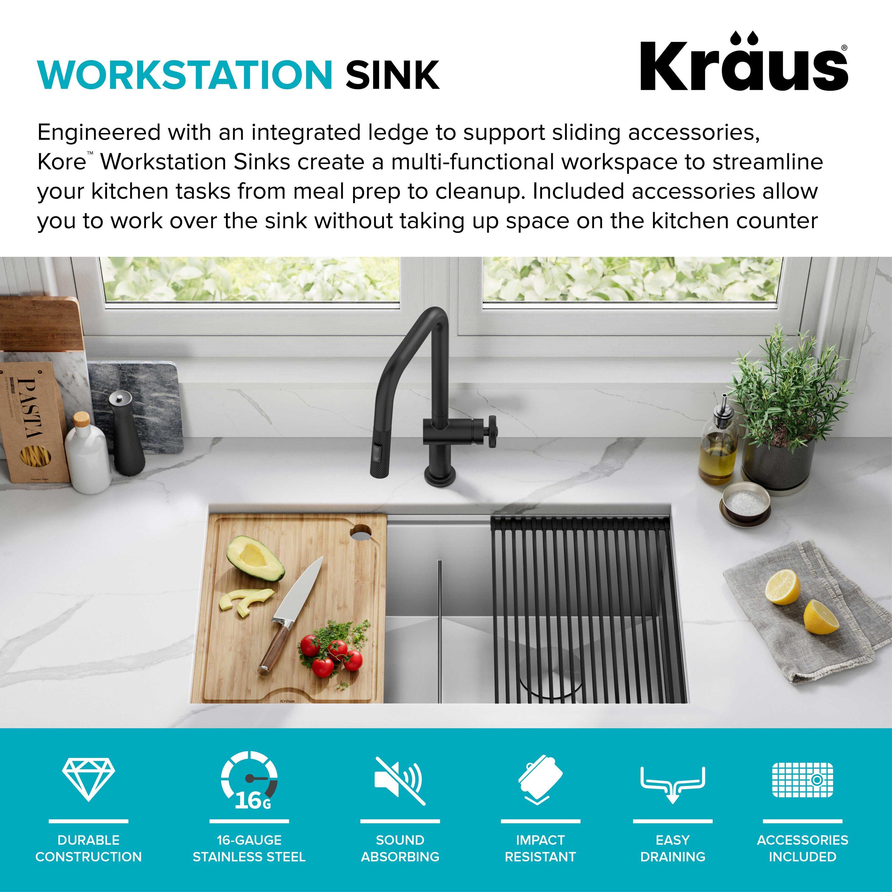 KRAUS Kore™ Workstation 33-inch L Undermount 16 Gauge Double Bowl Stainless Steel Kitchen Sink with Accessories