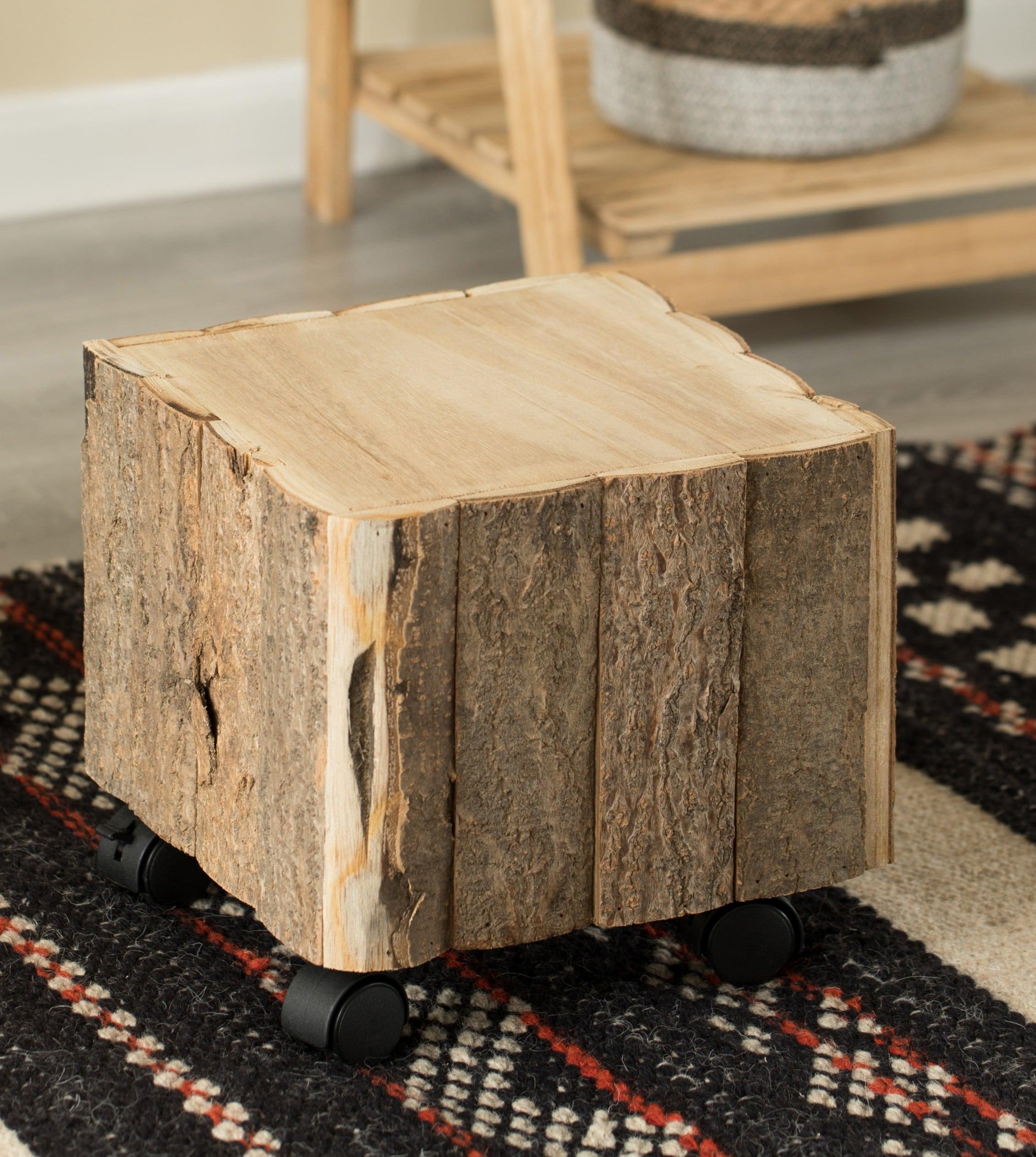Vintiquewise Accent Decorative Natural Wooden Square Stump Stool, with Wheels for Indoor and Outdoor