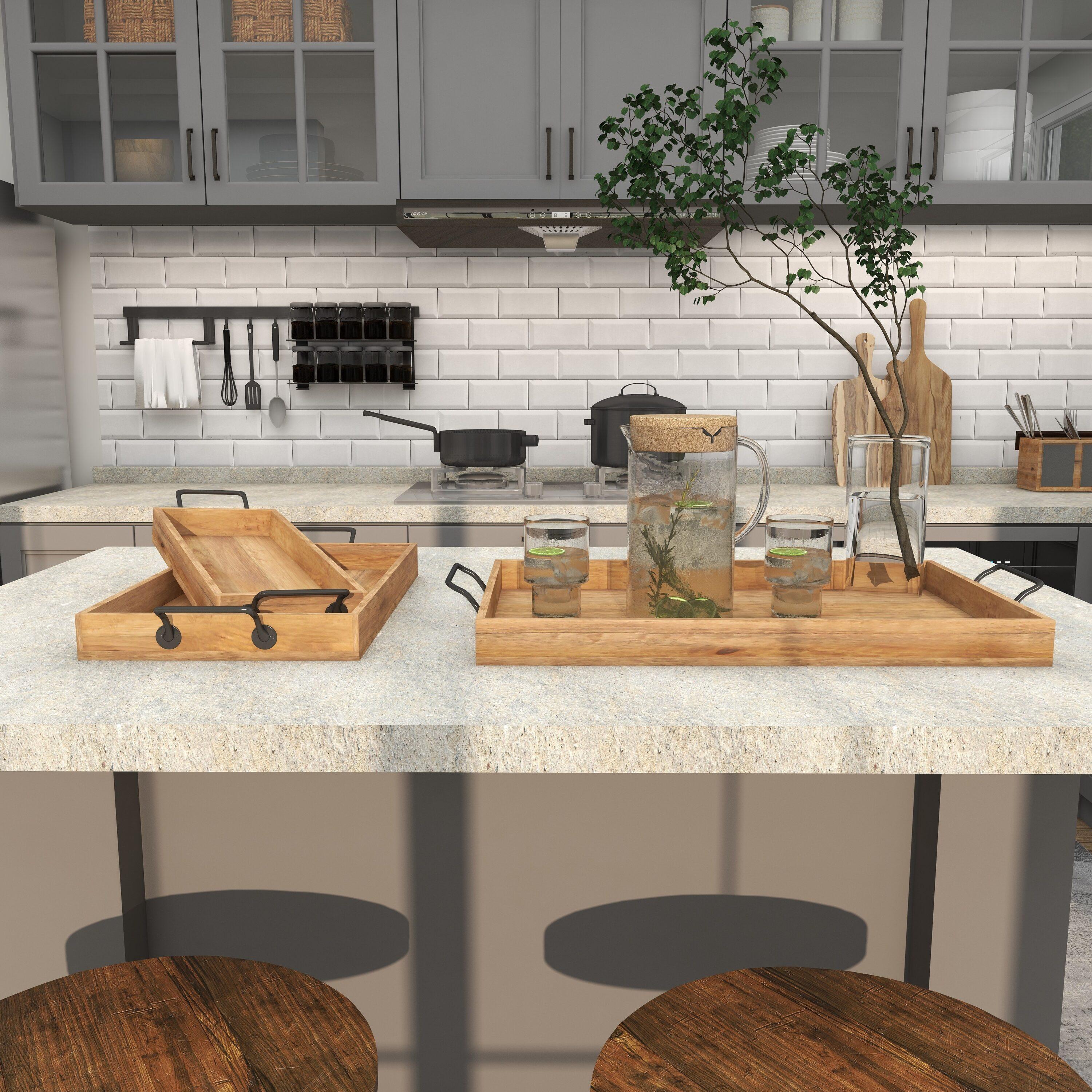 Set of 3 Farmhouse Slat Style Mango Wood and Iron Trays Brown - Olivia & May: Ottoman, Basket Design, 24-Inch