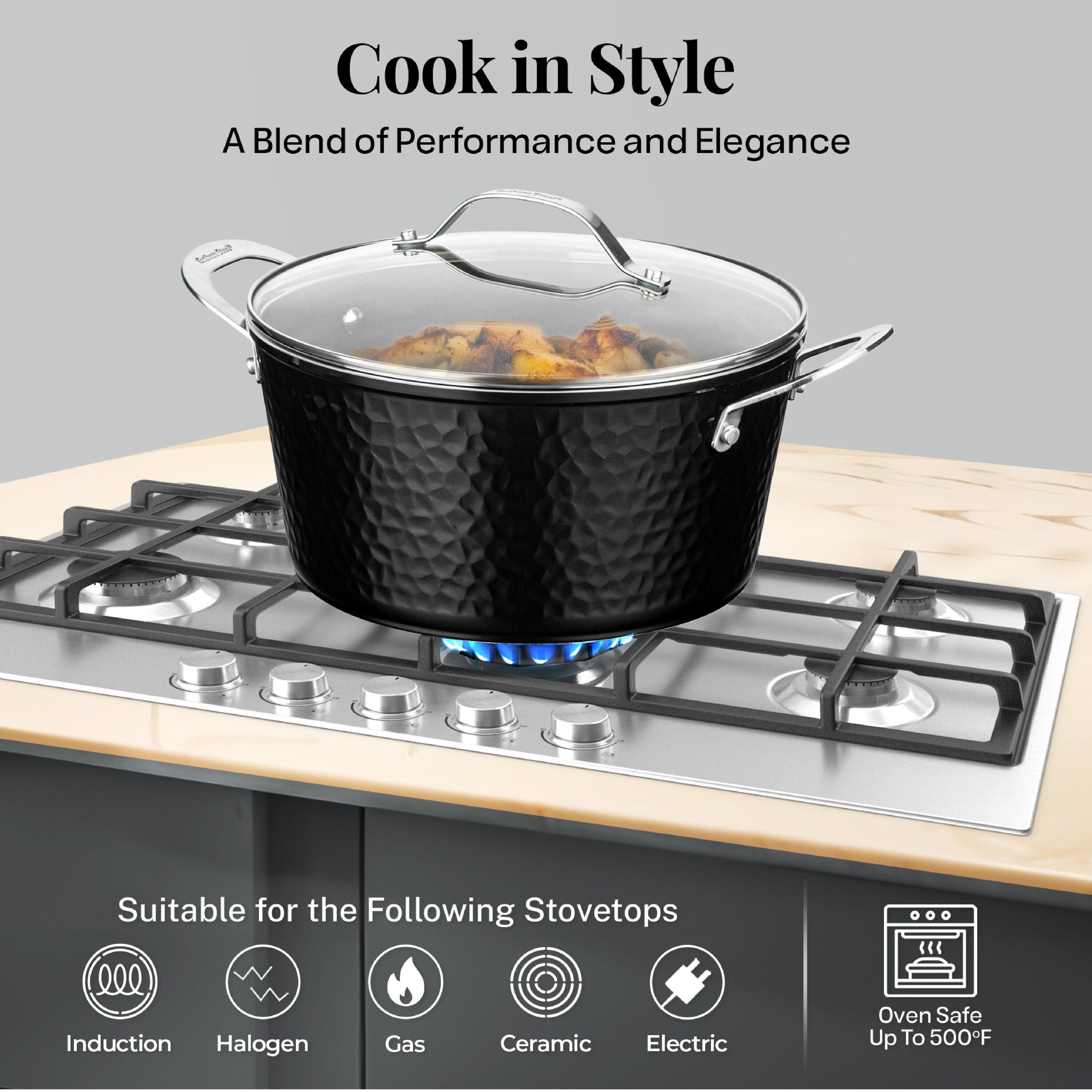 Gotham Steel Hammered Stock Pot 5 Quart Large Soup Pasta Pot Nonstick Ceramic Cooking with Glass Lid Black