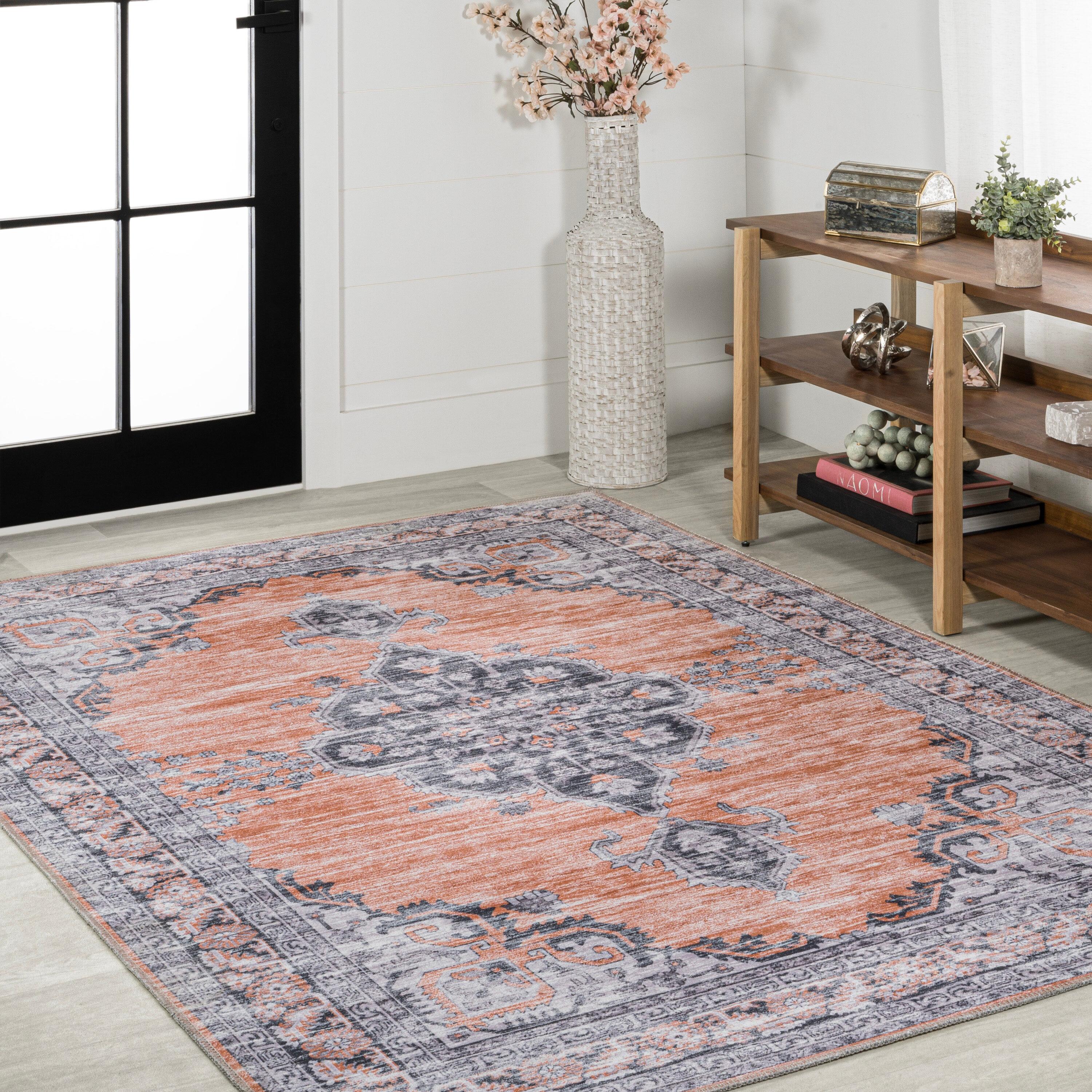 Wincer Chenille Cottage Medallion Machine-Washable Orange/Gray 5 ft. x 8 ft. Area Rug - JONATHAN Y