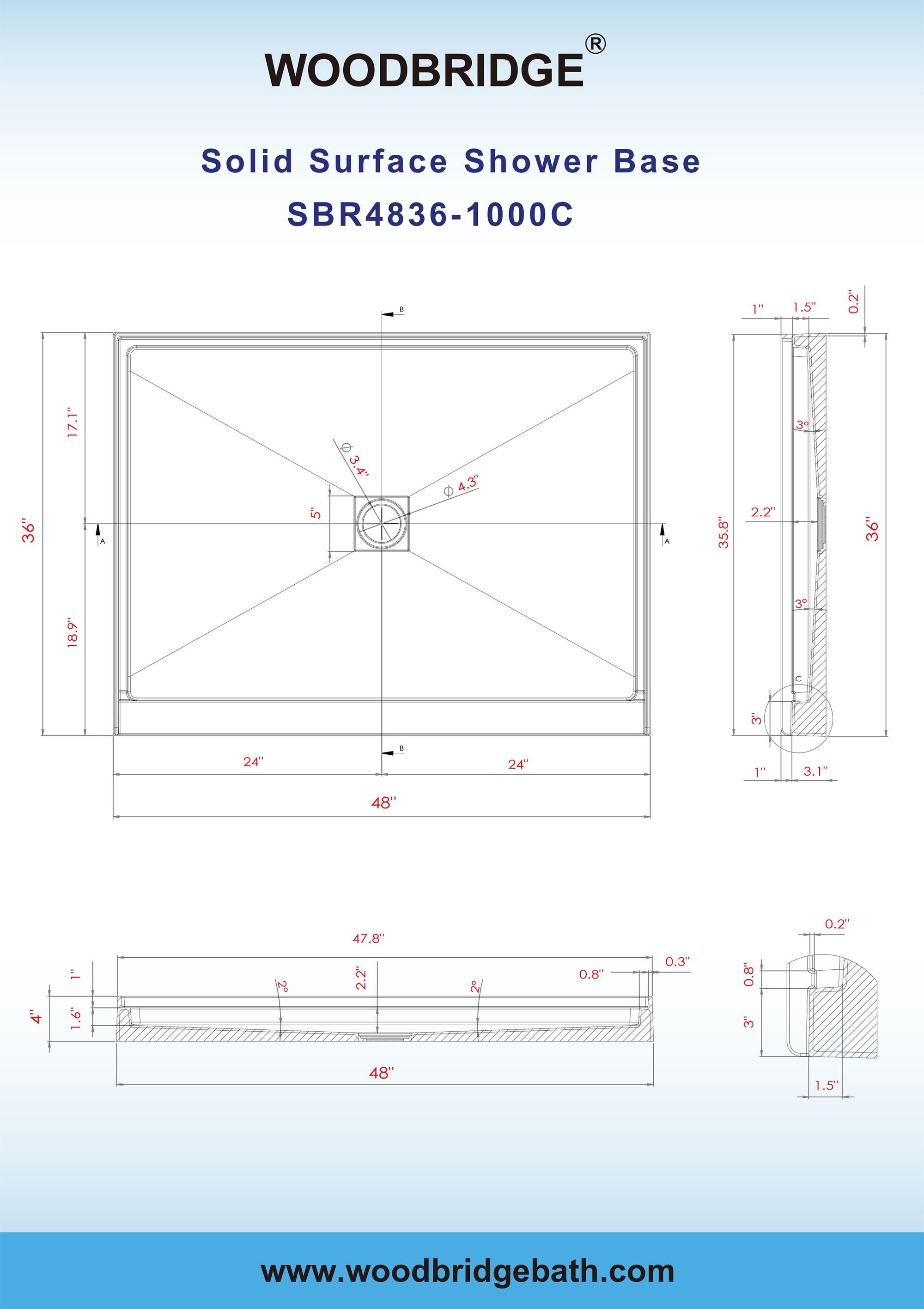 48" W x 36" Solid Surface Single Threshold Shower Pan Base with Drain Assembly & Drain Cover Included, Non-Slip