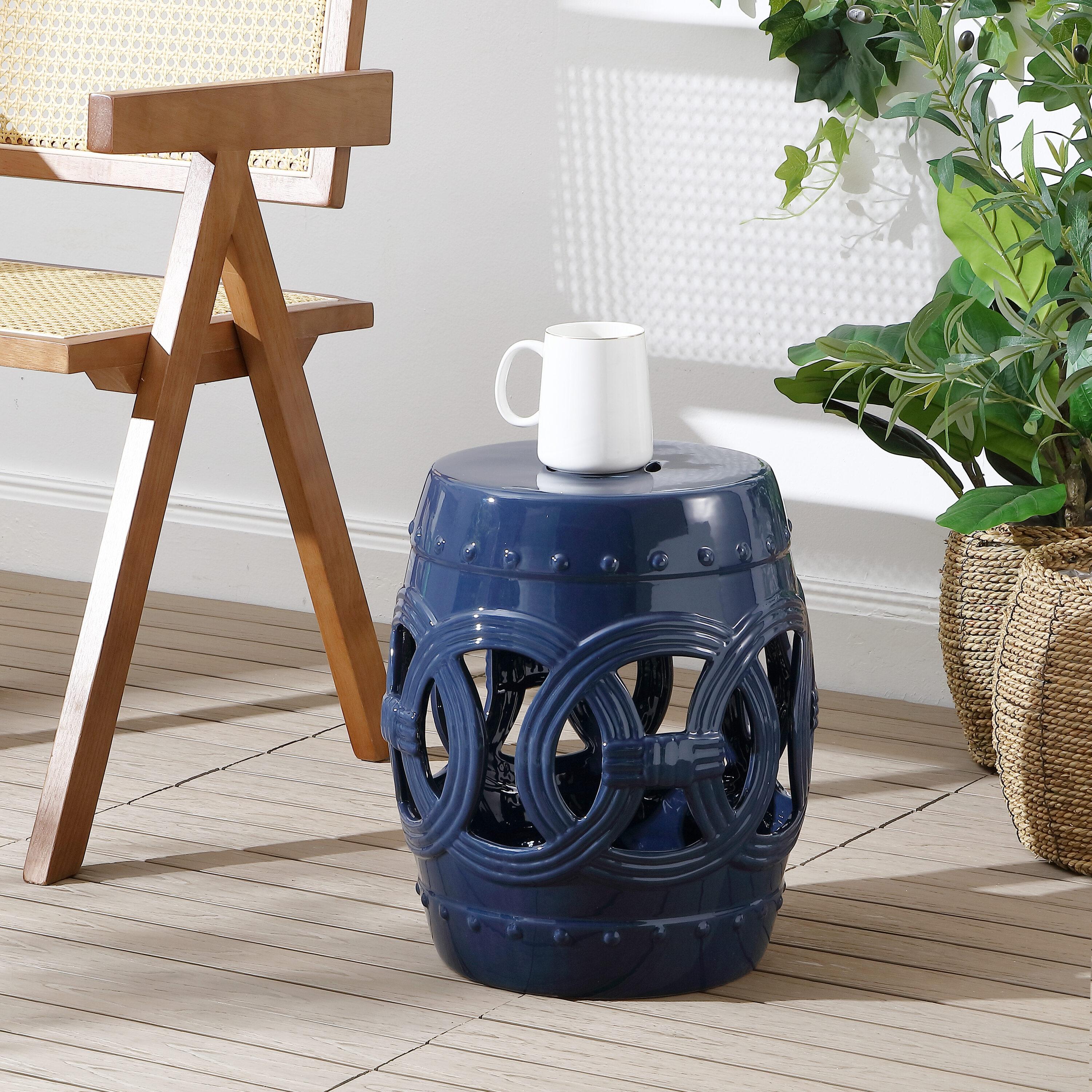 Lucky Coins 16" Eastern-Inspired Ceramic Drum Garden Stool, Navy - JONATHAN Y
