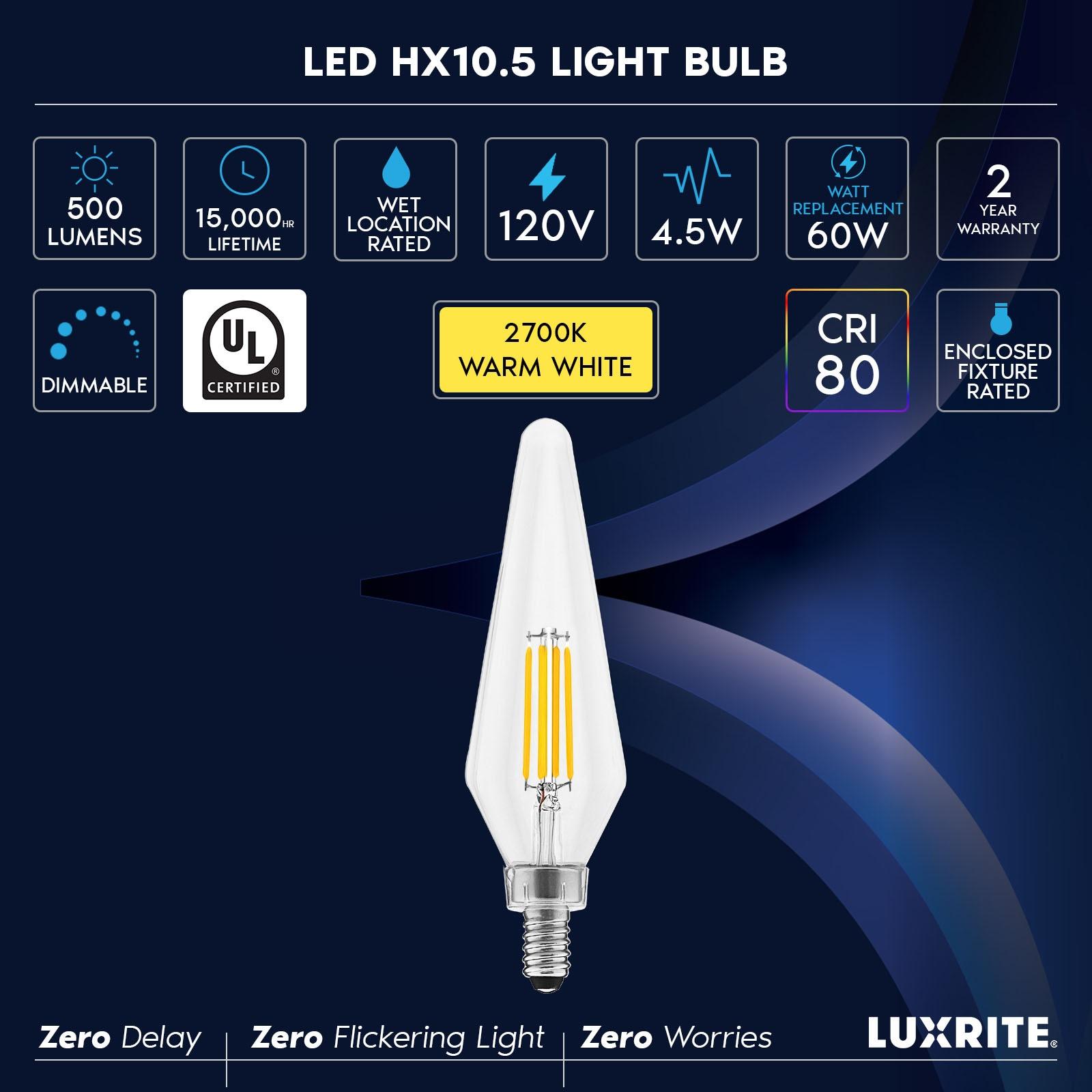 Luxrite E12 Candelabra LED Light Bulbs, 2700K, Dimmable, 4.5W, 500 Lumens, HX10.5 Glass, Wet Rated, UL Listed 6 Pack