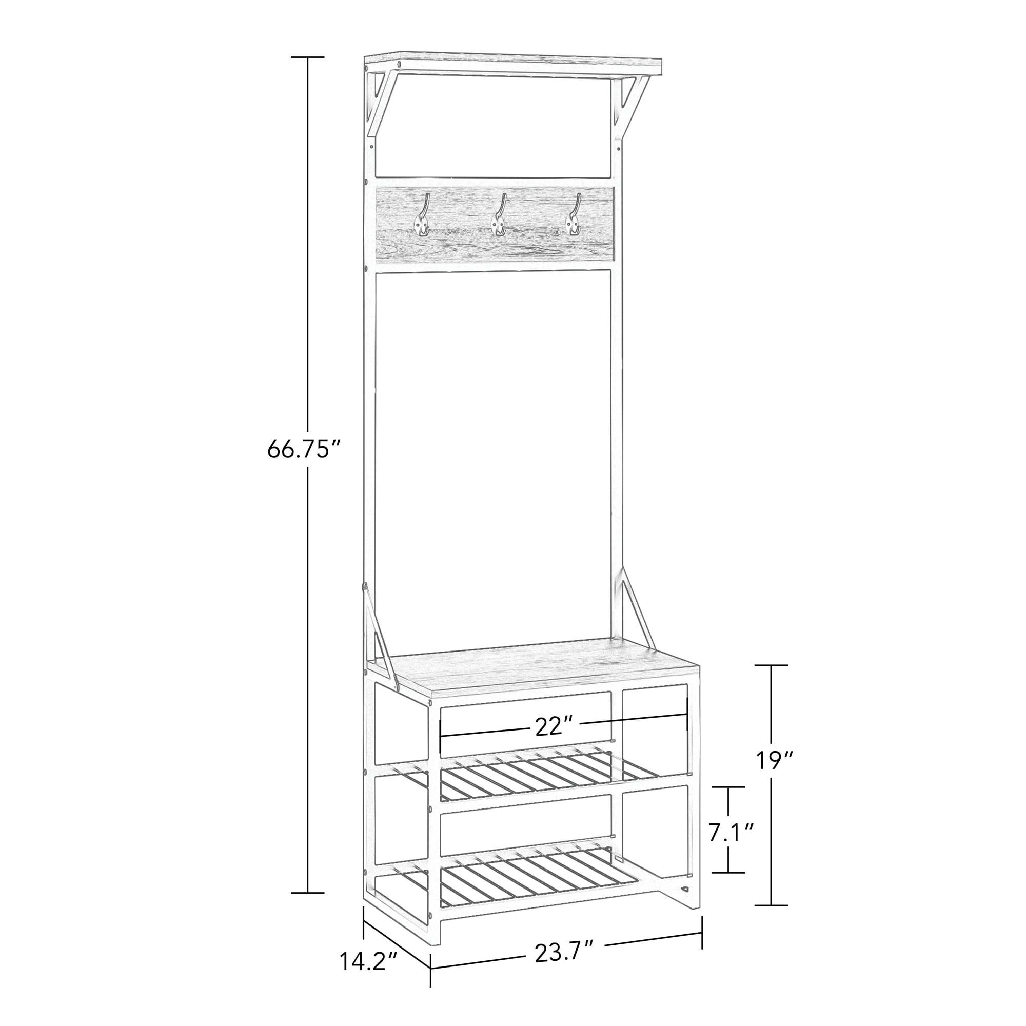 RiverRidge Afton Hall Tree Shoe Storage Organizer Cabinet with Hooks and Top Storage Shelf Entryway Bench Seat - Weathered Woodgrain and Black Metal Frame