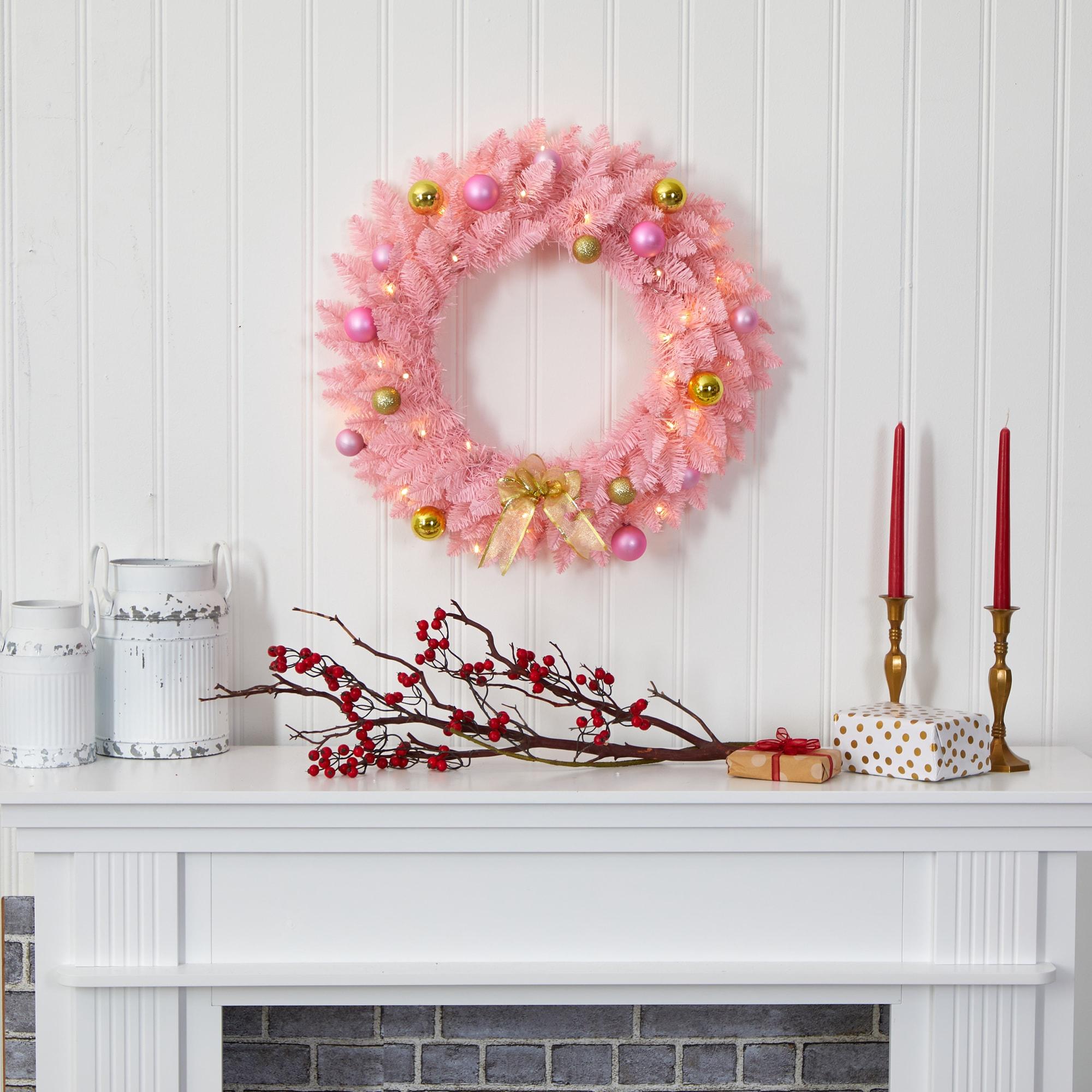Nearly Natural 24" Pre-lit LED Pine Artificial Christmas Wreath Pink with Warm White Lights