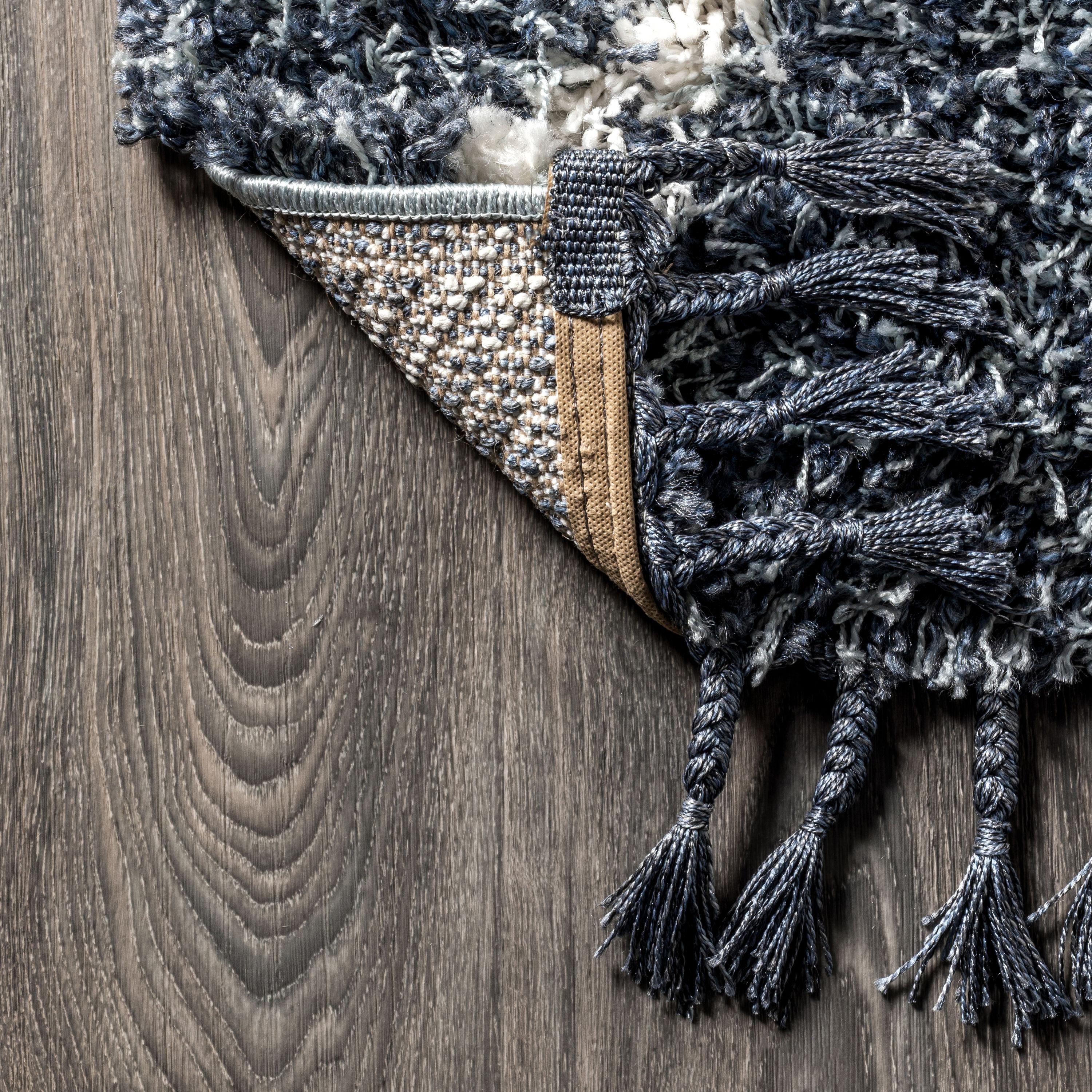 JONATHAN Y MCR105A-5 Mercer Shag Plush Tassel Moroccan Diamond Denim Blue/Cream 5 ft. x 8 ft. Area Rug, Shags Bohemian, Pet Friendly, Stain Resistant, Easy to Clean, for Living Room; Kitchen, Bedroom
